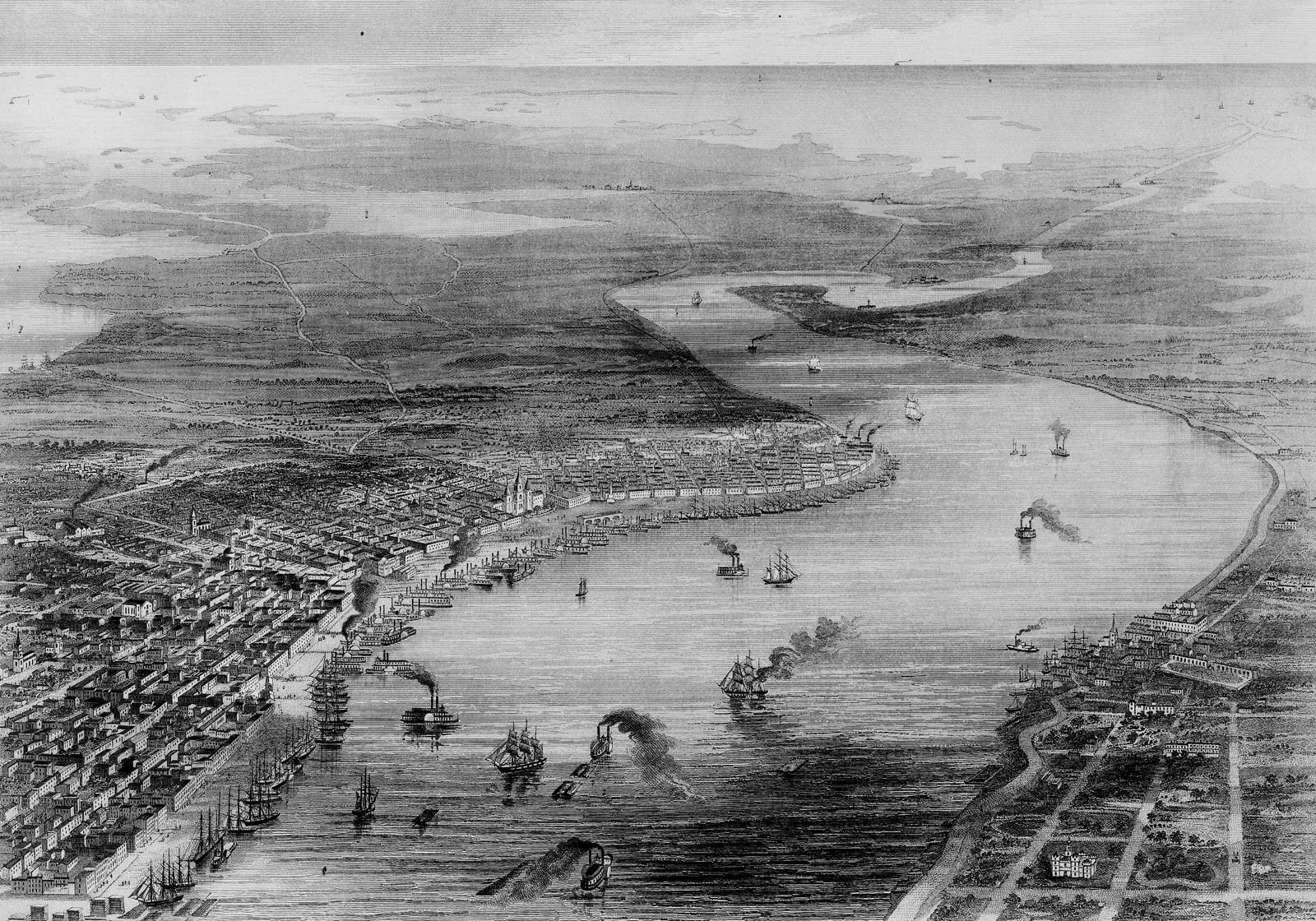 A historical black-and-white aerial illustration of a city along a large river with ships and boats on the water, and buildings lining the waterfront.