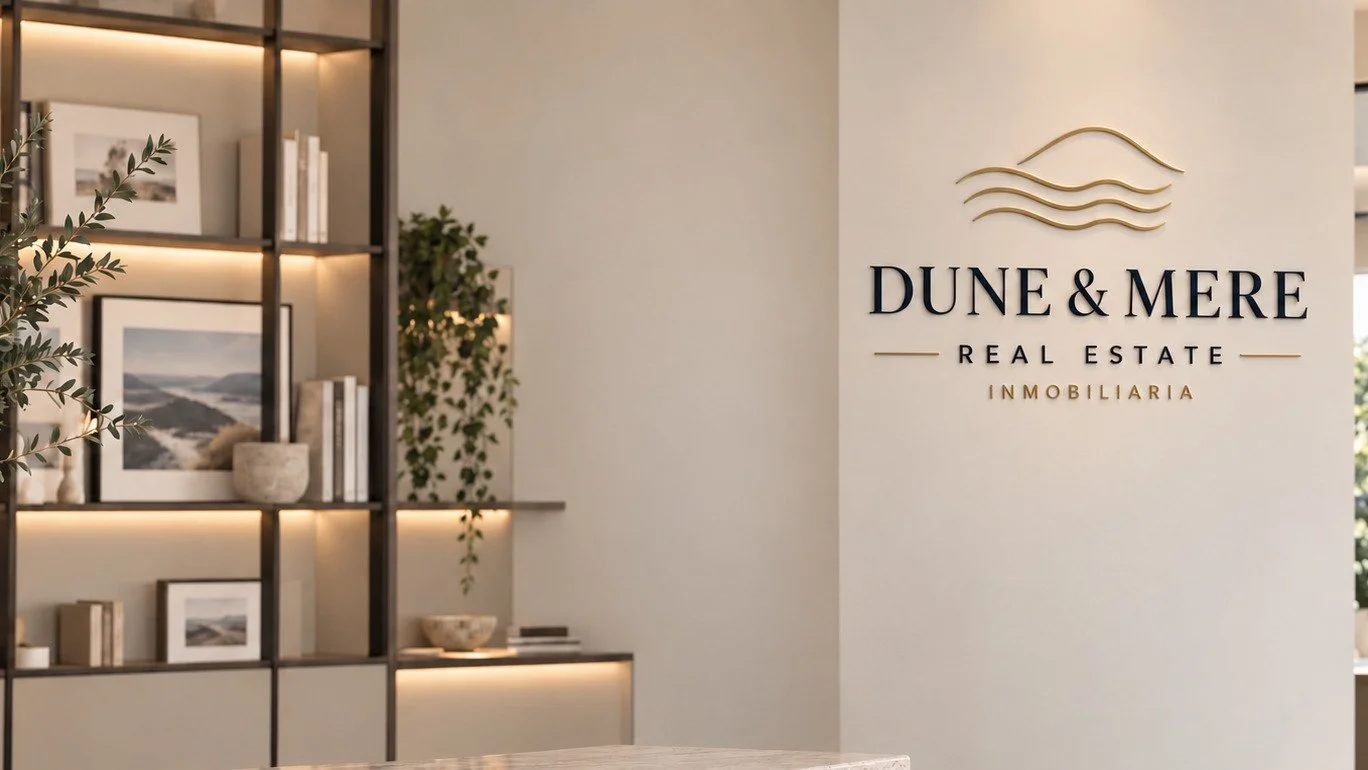 Oficina de Dune & Mere con el logotipo de la montaña y las olas