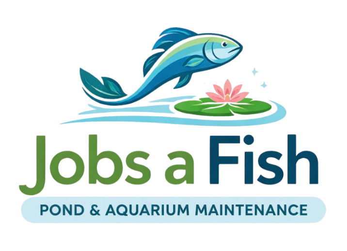 Logo for Joesa Fish, featuring a blue fish jumping over water with a pink lotus flower on a green lily pad, and the text 'Joesa Fish POND & AQUARIUM MAINTENANCE'.
