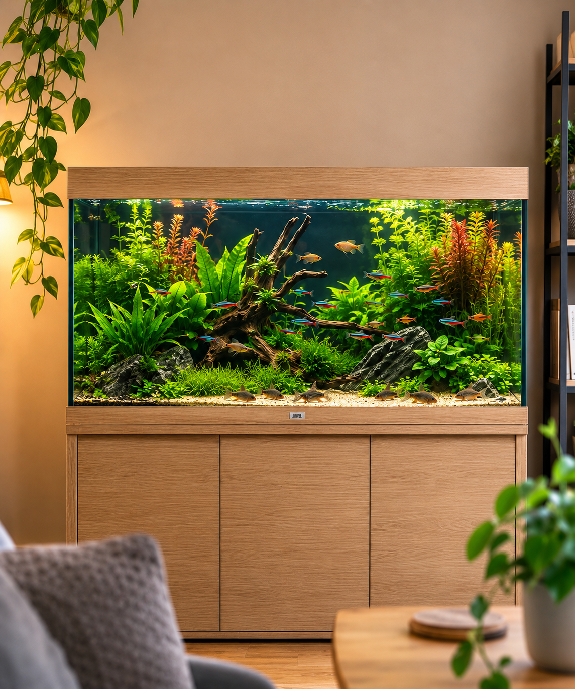 A large aquarium filled with colorful fish and lush green aquatic plants, placed on a light wood cabinet in a cozy living room.