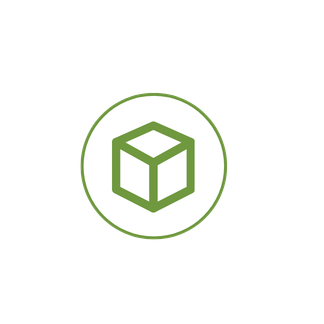 A logo with a green cube inside a white circle, surrounded by a green outline, on a plain background.
