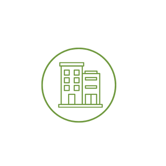 Line art icon of a multi-story building inside a green circular border.