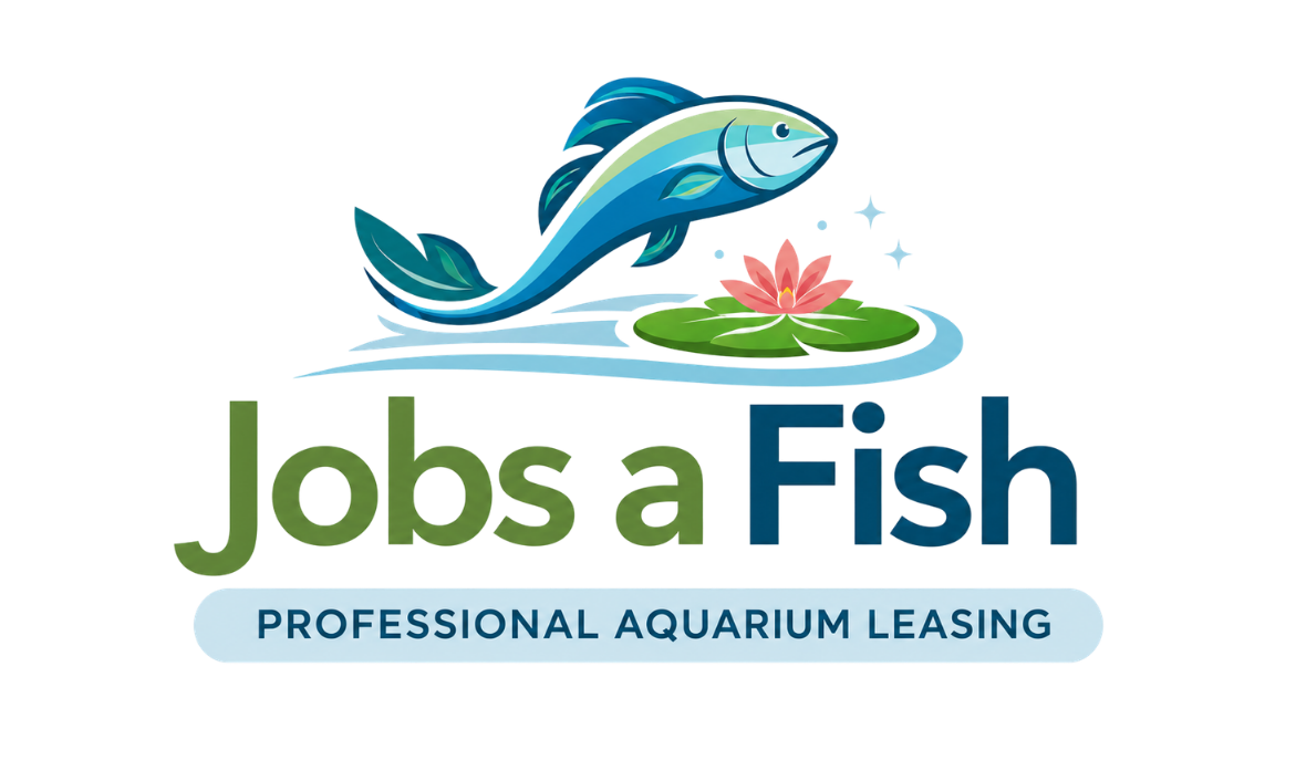 Logo of Jobs a Fish, featuring a stylized blue and green fish jumping over a pink water lily on a pond. Below the fish, the text reads 'JobsaFish' with 'PROFESSIONAL AQUARIUM LEASING' underneath.