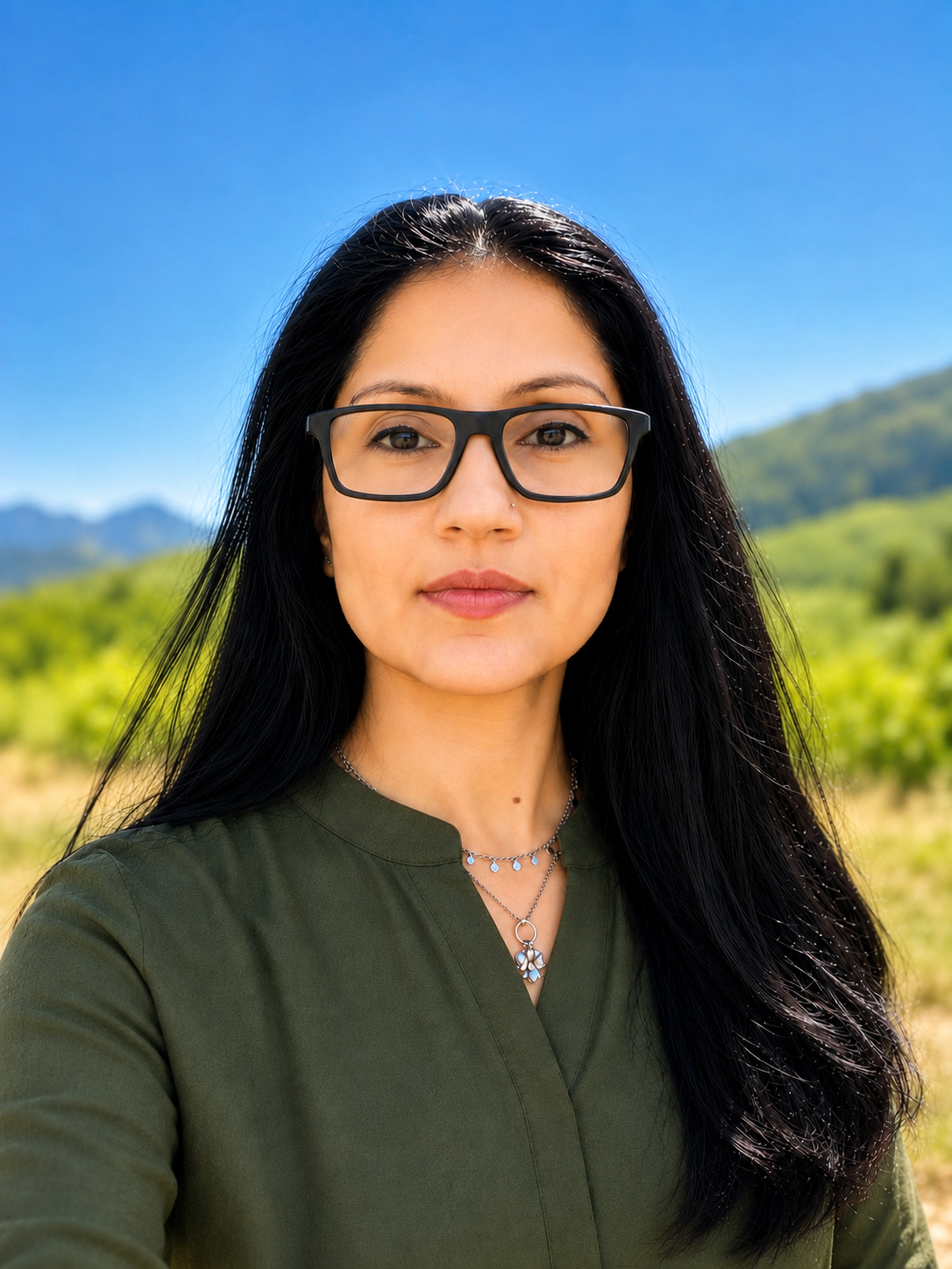 Reena Sonigrah, outdoors with a blue sky and green landscape in the background.