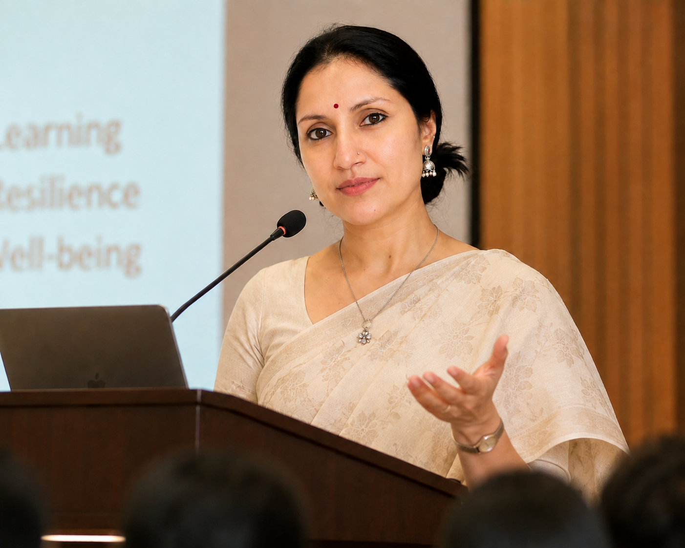 Reena Sonigrah speaking at a podium with a microphone, during a presentation at a conference.