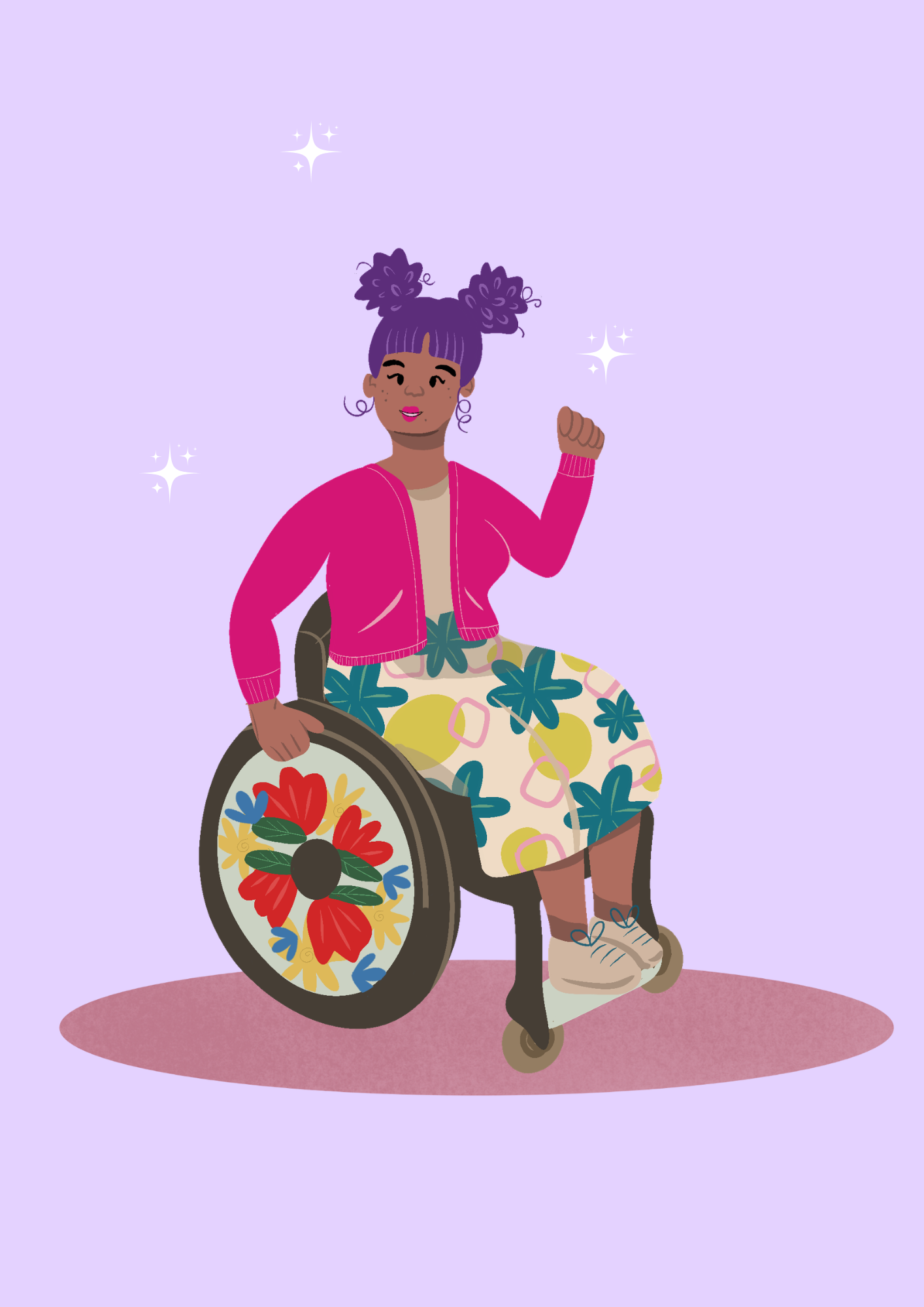 Illustration on a lavender background of a woman with purple space buns and a raised fist, seated in a floral-decorated wheelchair. She wears a pink cardigan, cream top, yellow floral skirt, and white sneakers. Illustration by Tania Pilz.