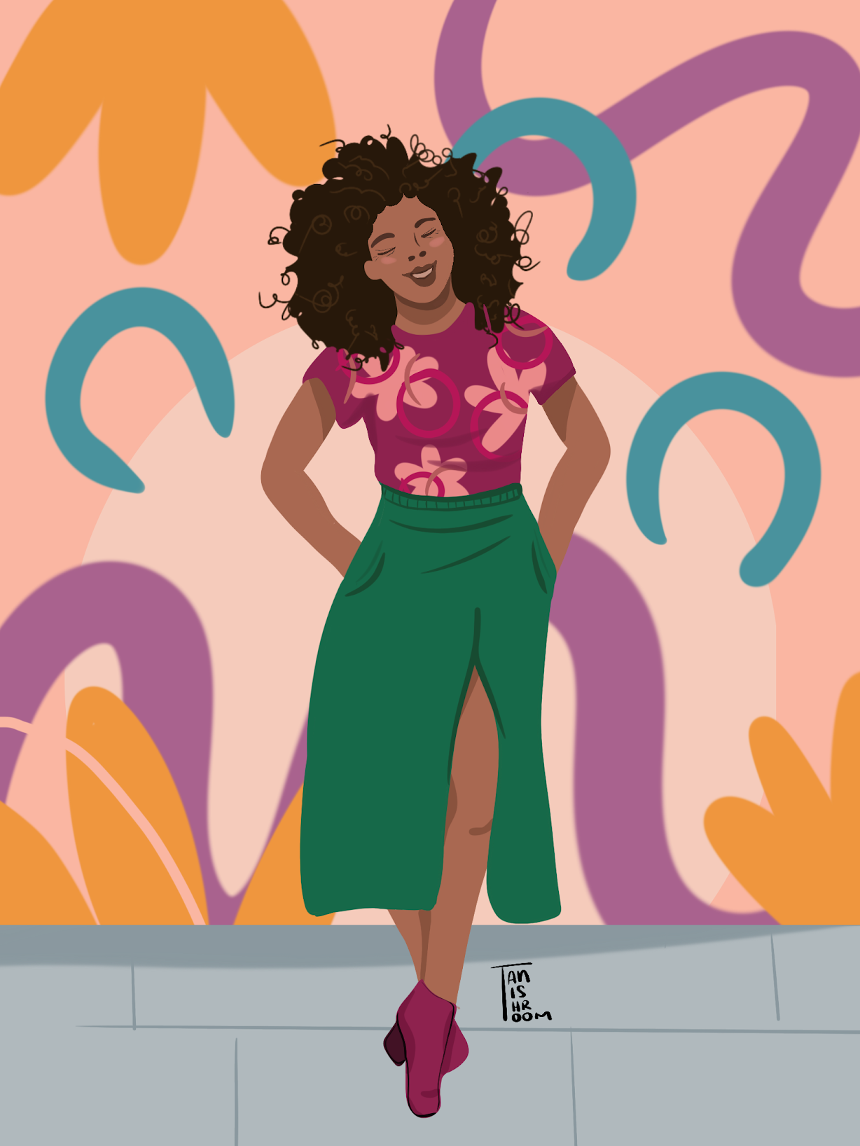 Illustration of a smiling woman with a large curly afro, pink floral top, green wrap skirt, and magenta boots, standing on gray pavement against a peach background with colorful abstract shapes. Illustration by Tania Pilz.
