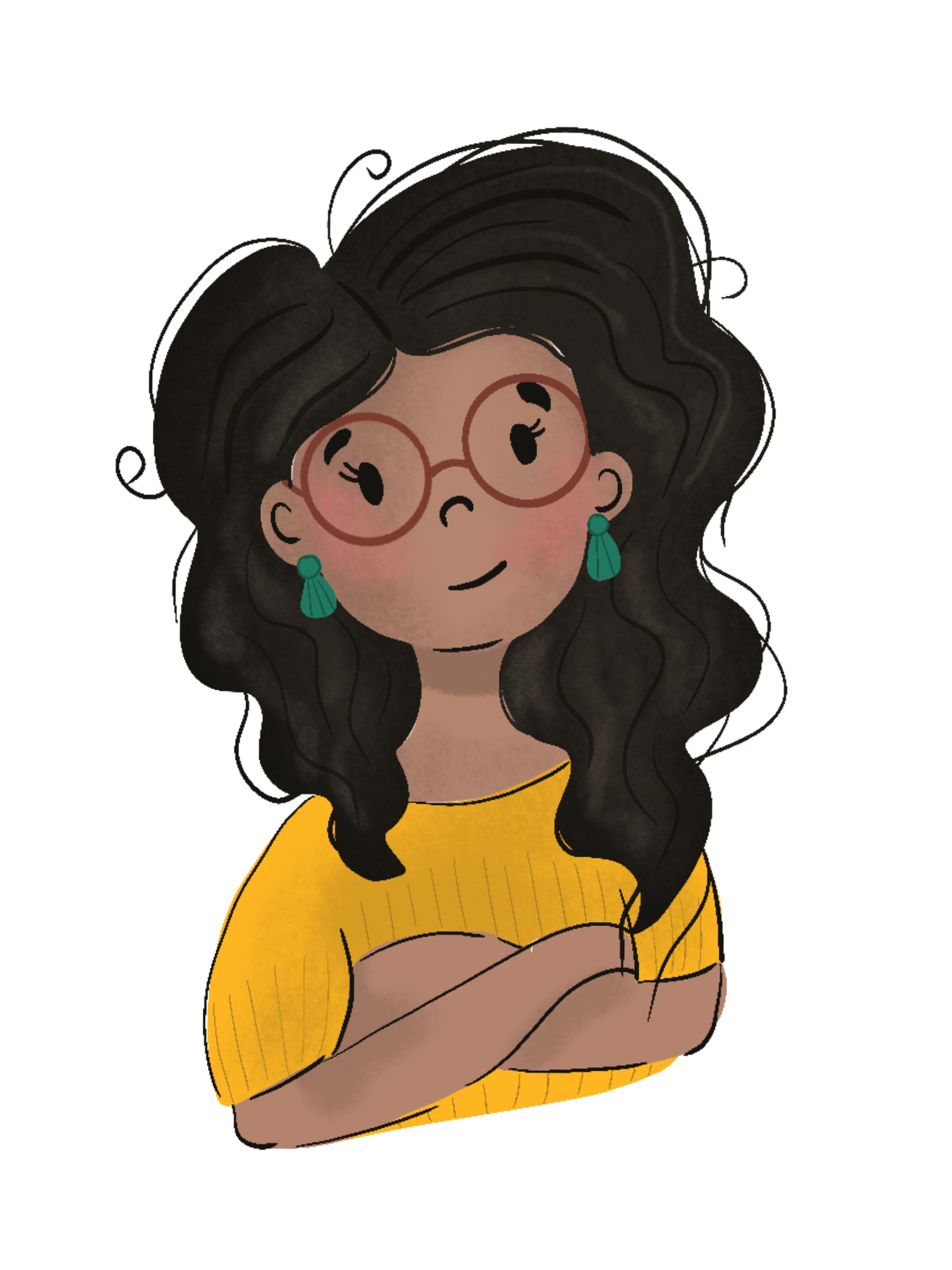Illustration of a woman with long, wavy dark hair, round rose-tinted glasses, teal drop earrings, and a mustard-yellow ribbed sweater. She has a warm, content smile and stands with her arms crossed. Self portrait by Tania Pilz.
