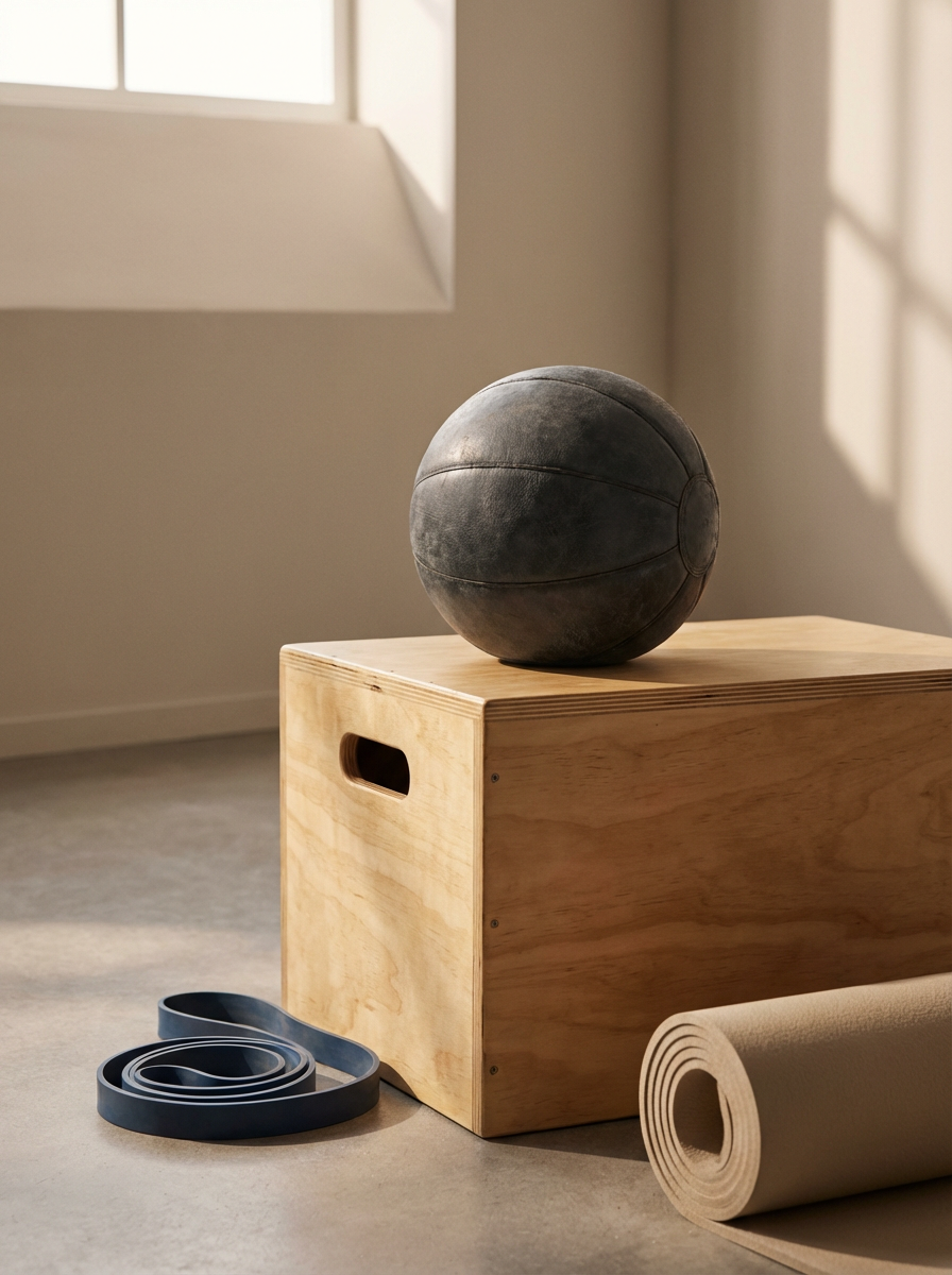 A black medicine ball on a wooden plyometric box, a rolled yoga mat, and a resistance band in a sunlit exercise space.