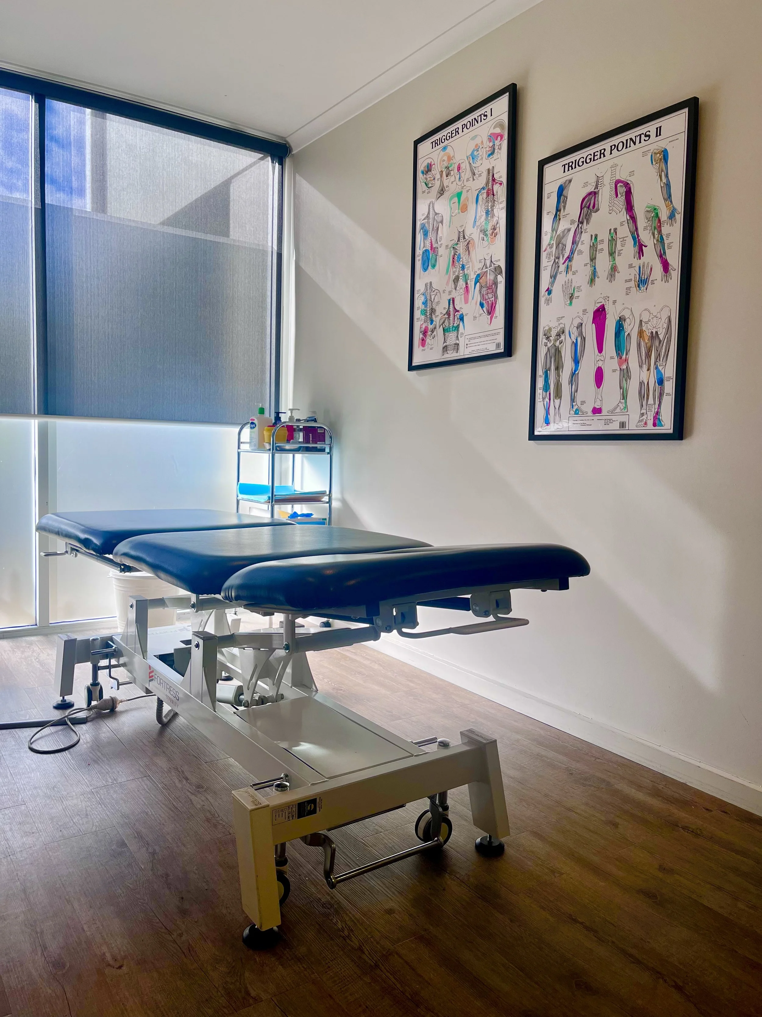 A treatment room with an massage table, a rolling cart with supplies near the window, and two anatomical posters on the wall showing trigger points of muscles.