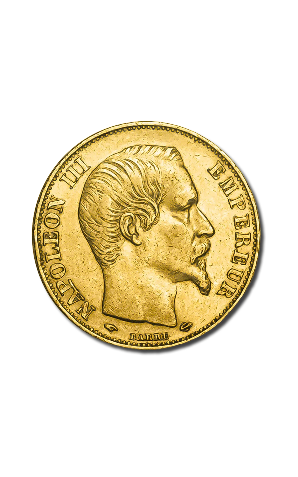 Pièce de monnaie dorée avec la tête d'un homme barbu et la légende 'NAPOLEON III IMPER'.