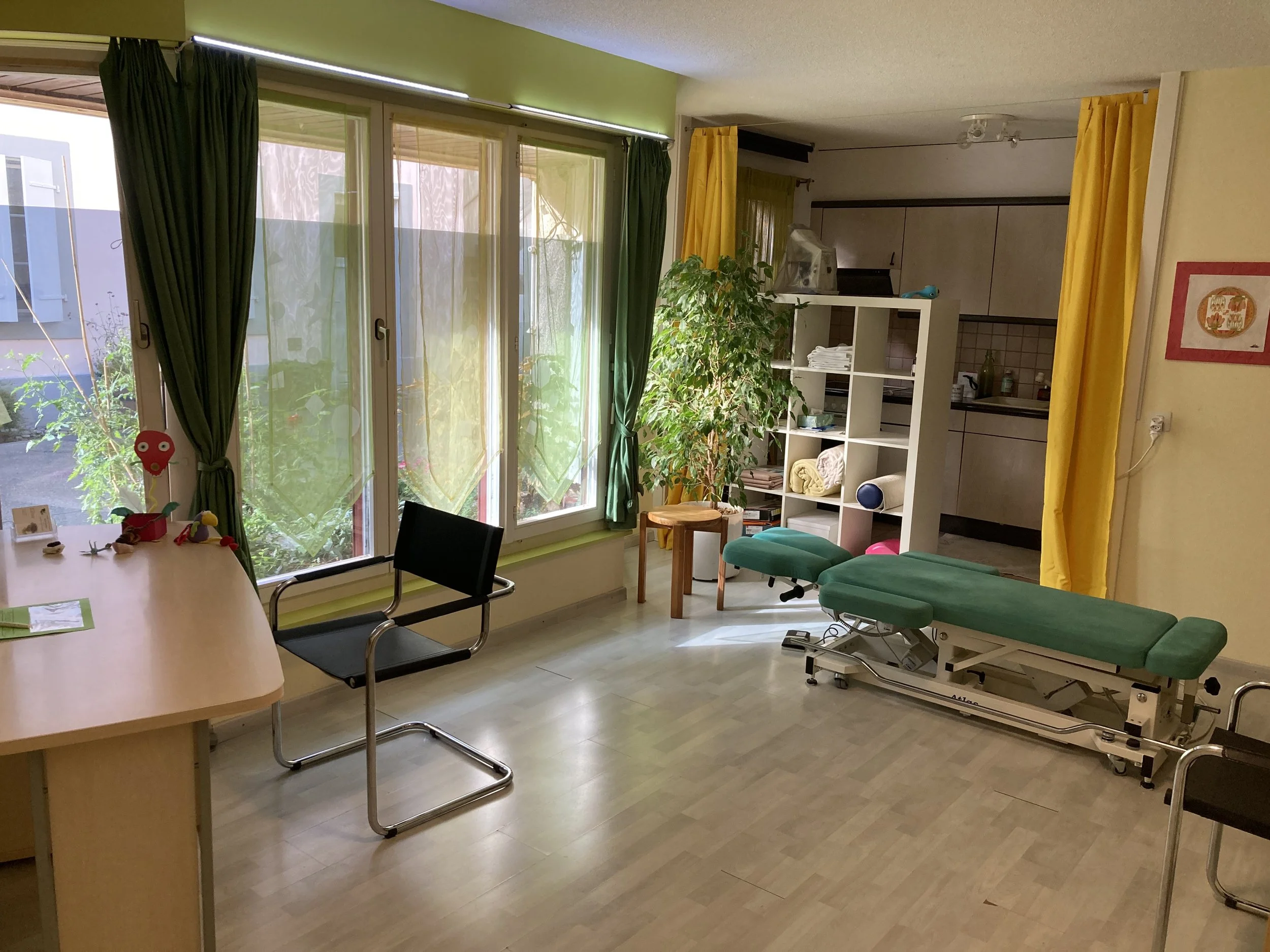 Salle d'examen médical avec lit d'hôpital, étagères avec serviettes et un arbre vert à côté d'une grande fenêtre avec des rideaux verts et jaunes.