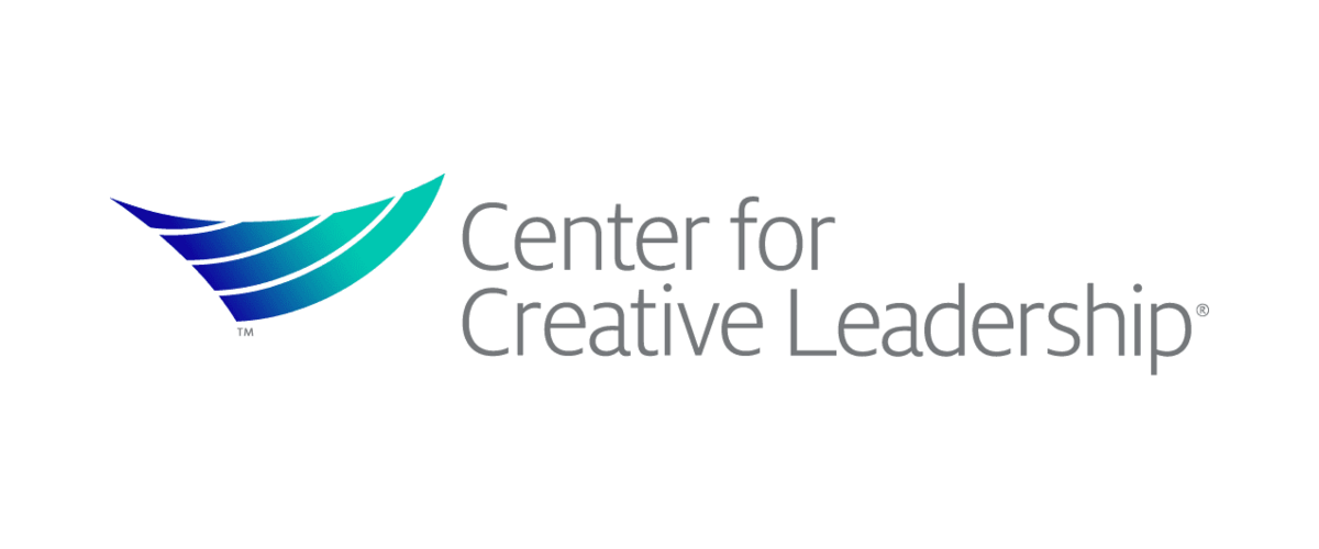 Logo for the Center for Creative Leadership featuring a stylized blue and teal wing or abstract shape, with the organization's name beside it.