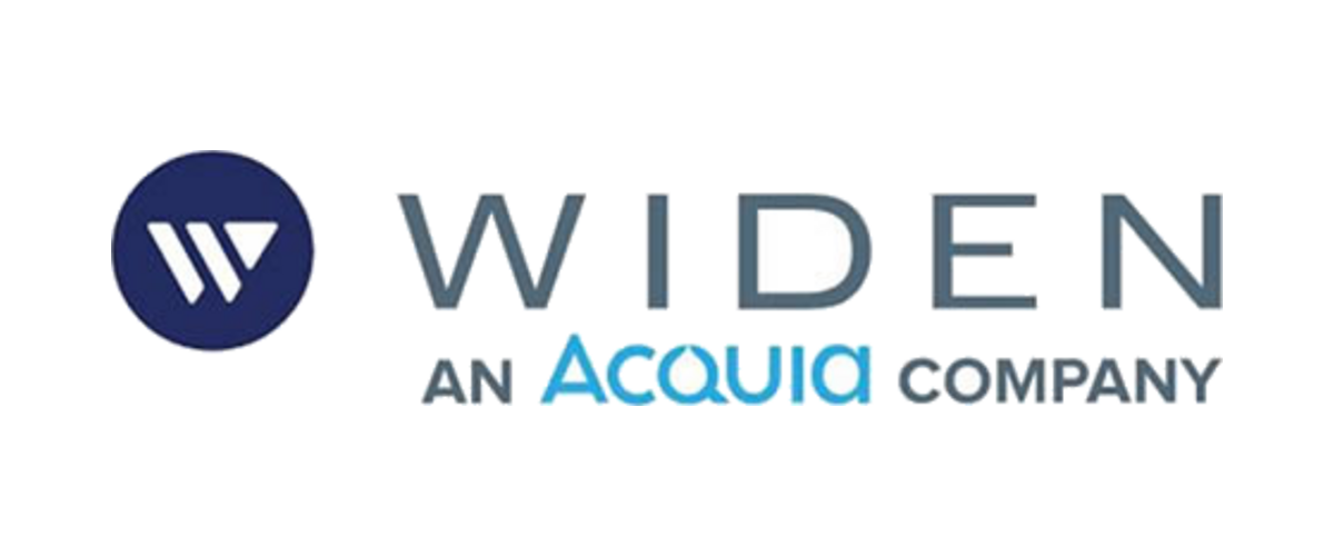 Widen logo with a blue circle containing a white 'W' symbol, the word 'WIDEN' in gray, and the phrase 'An Acquia Company' with 'Acquia' in blue and a water droplet as the dot in the letter 'i'.