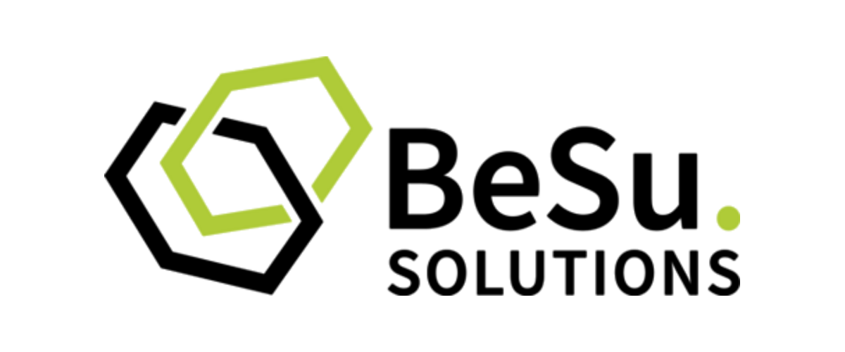 Logo of BeSu Solutions featuring a hexagon outline, some lines and dots, and the company name in black and green text.