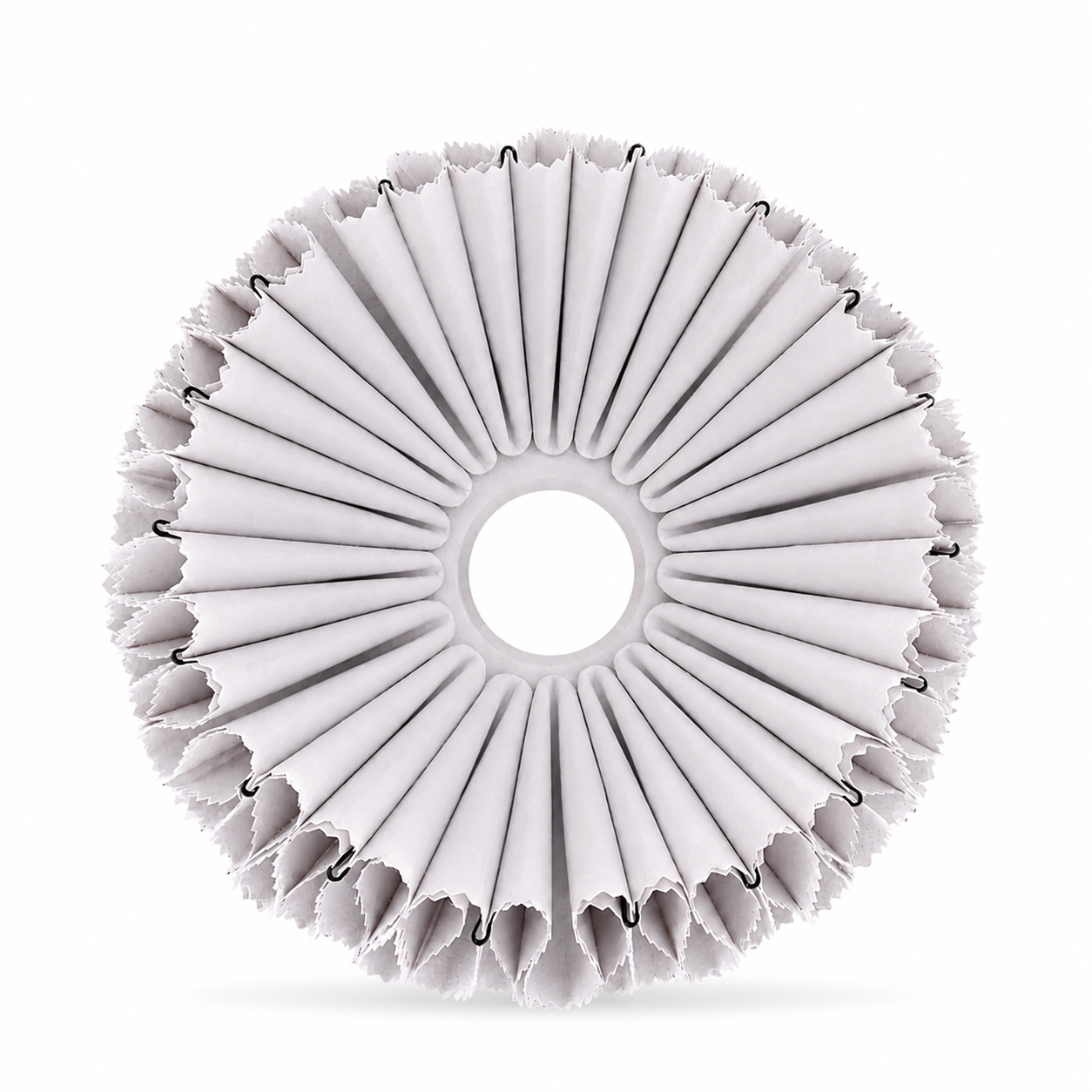Bottom view of a white NJITS lampshade showing the open centre and evenly arranged folds.