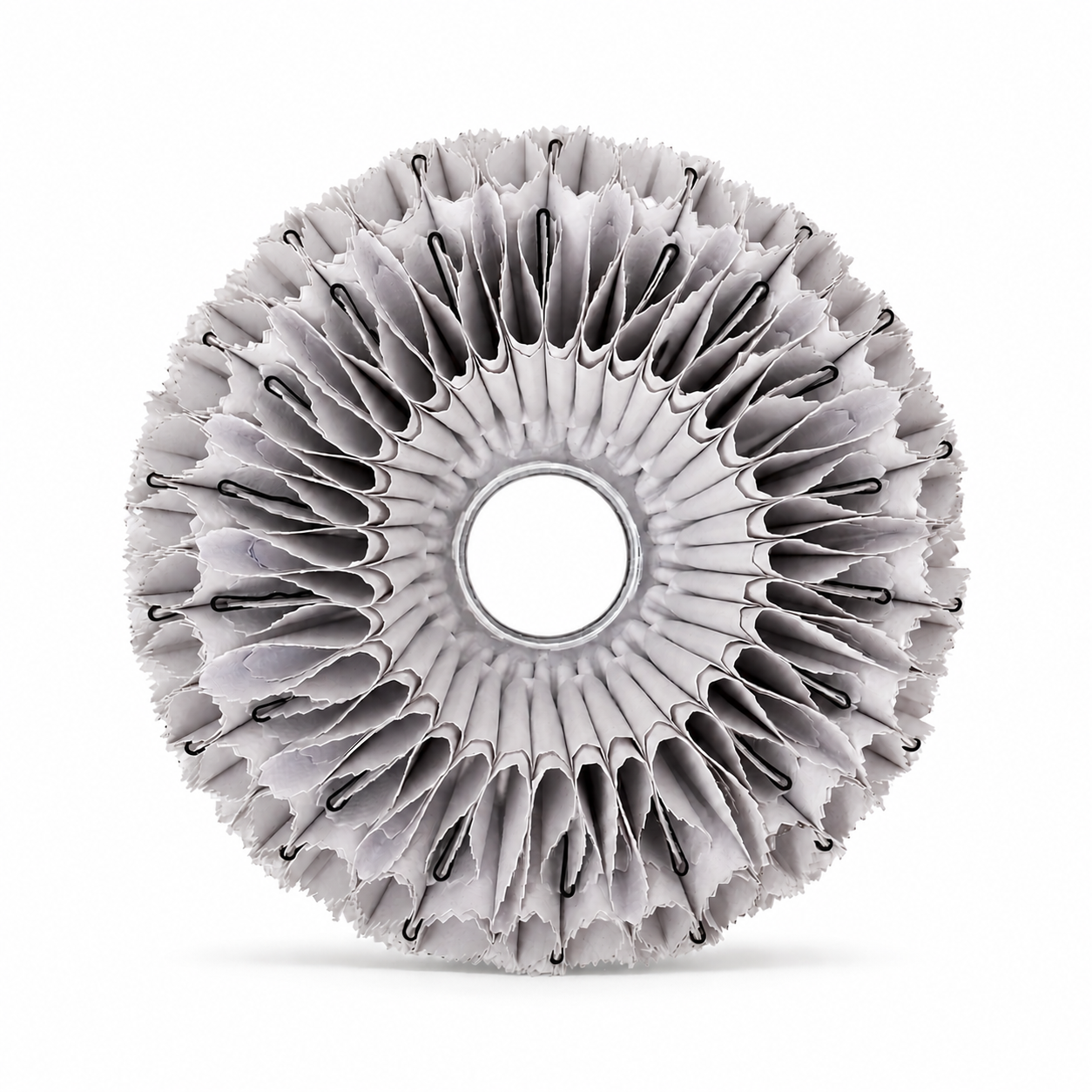 Top view of a circular white NJITS lampshade showing its radial folded structure.