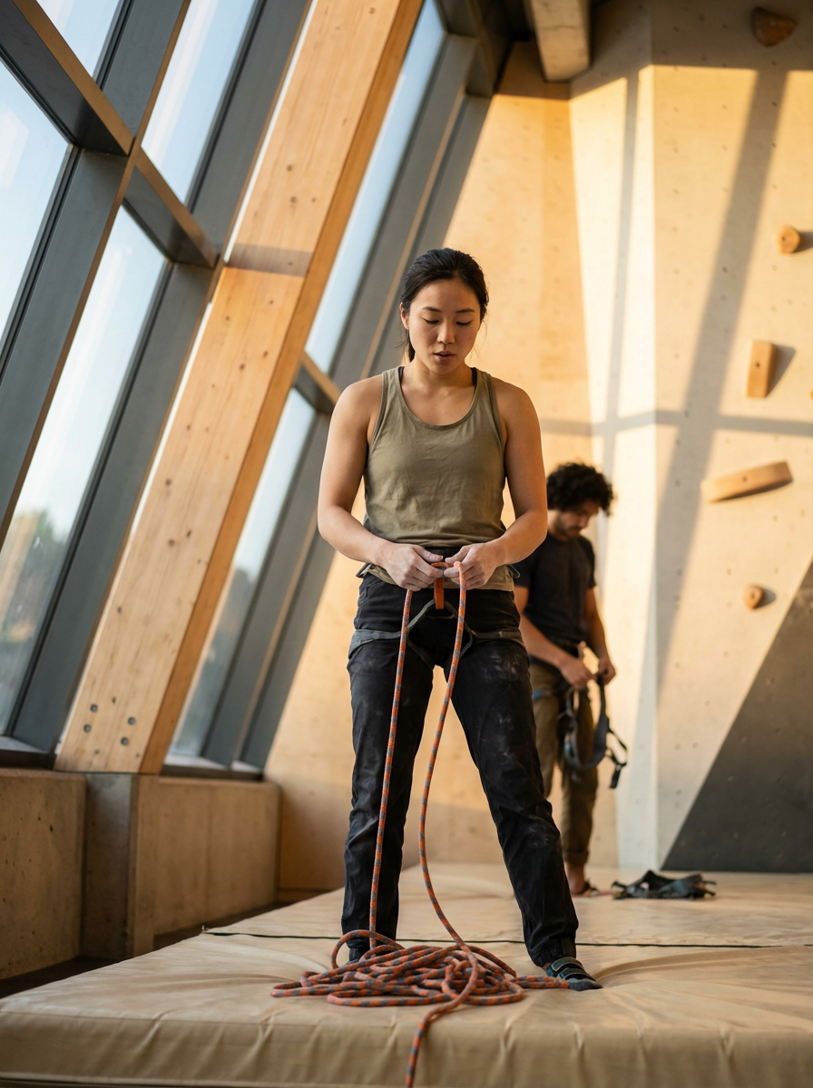 A woman prepares to climb a rock wall at an indoor climbing gym, with a man in the background adjusting his climbing gear.