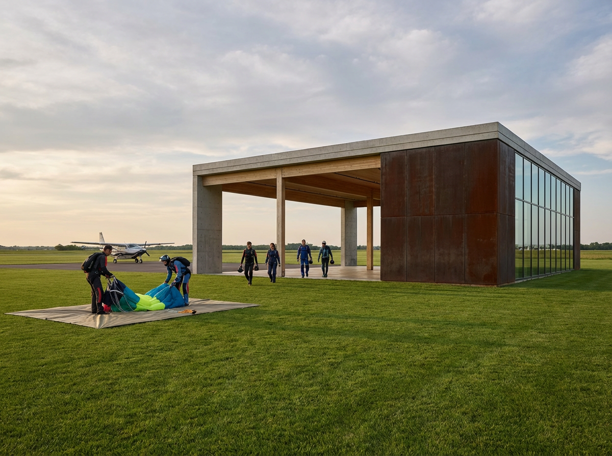 Skydivers preparing for a jump outside a modern building with green grass, an airplane in the background, and a cloudy sky.