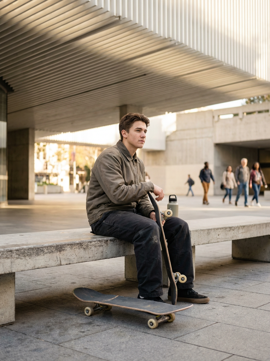 A young man sitting on a concrete bench with a skateboard at his feet, holding a skateboard in his lap, and a water bottle beside him, in an urban outdoor setting with people walking in the background.