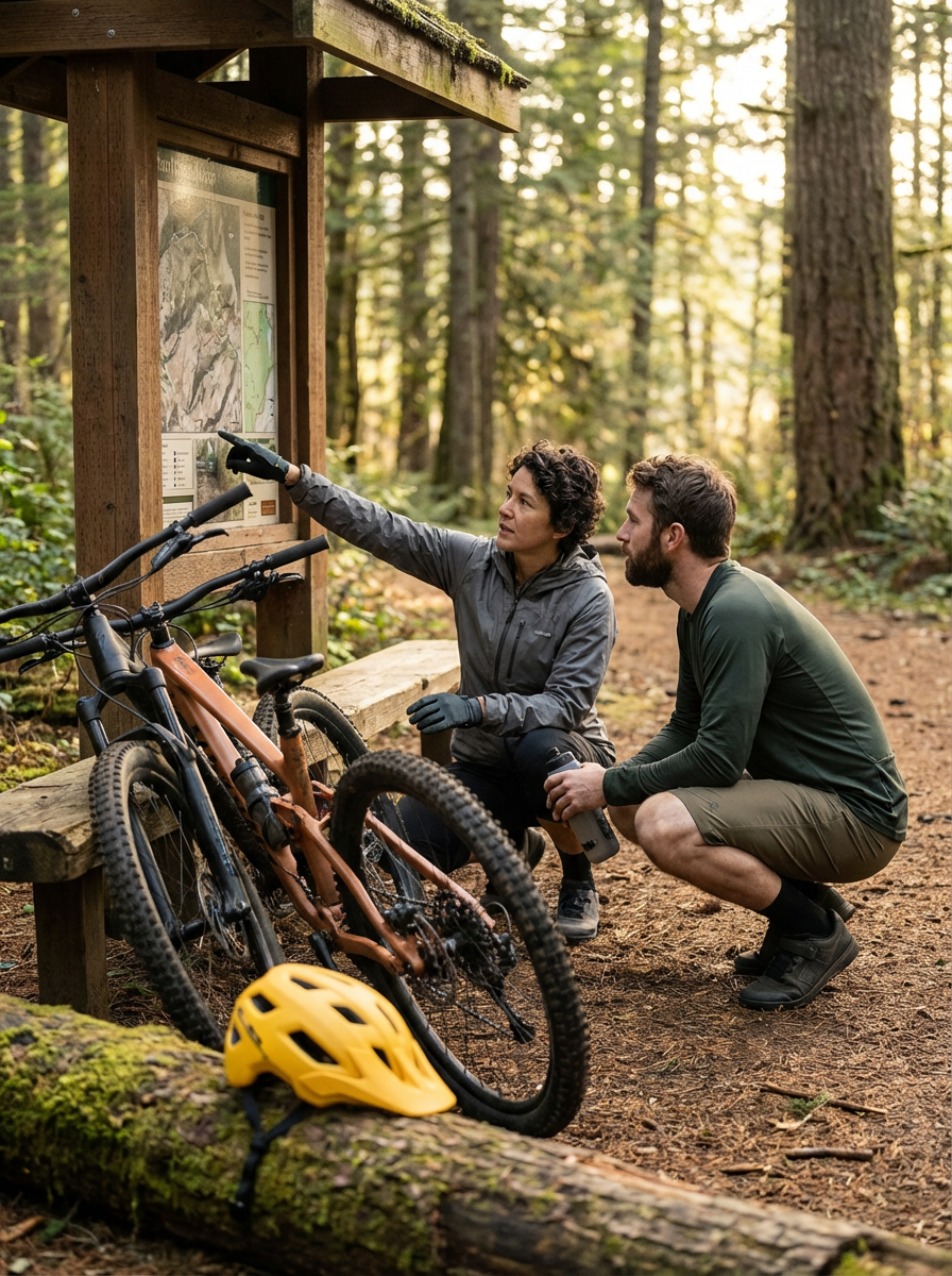 Two people, a woman and a man, examining a trail map at a forested trailhead with two mountain bikes leaning against a wooden signpost, and a yellow helmet on the ground nearby.
