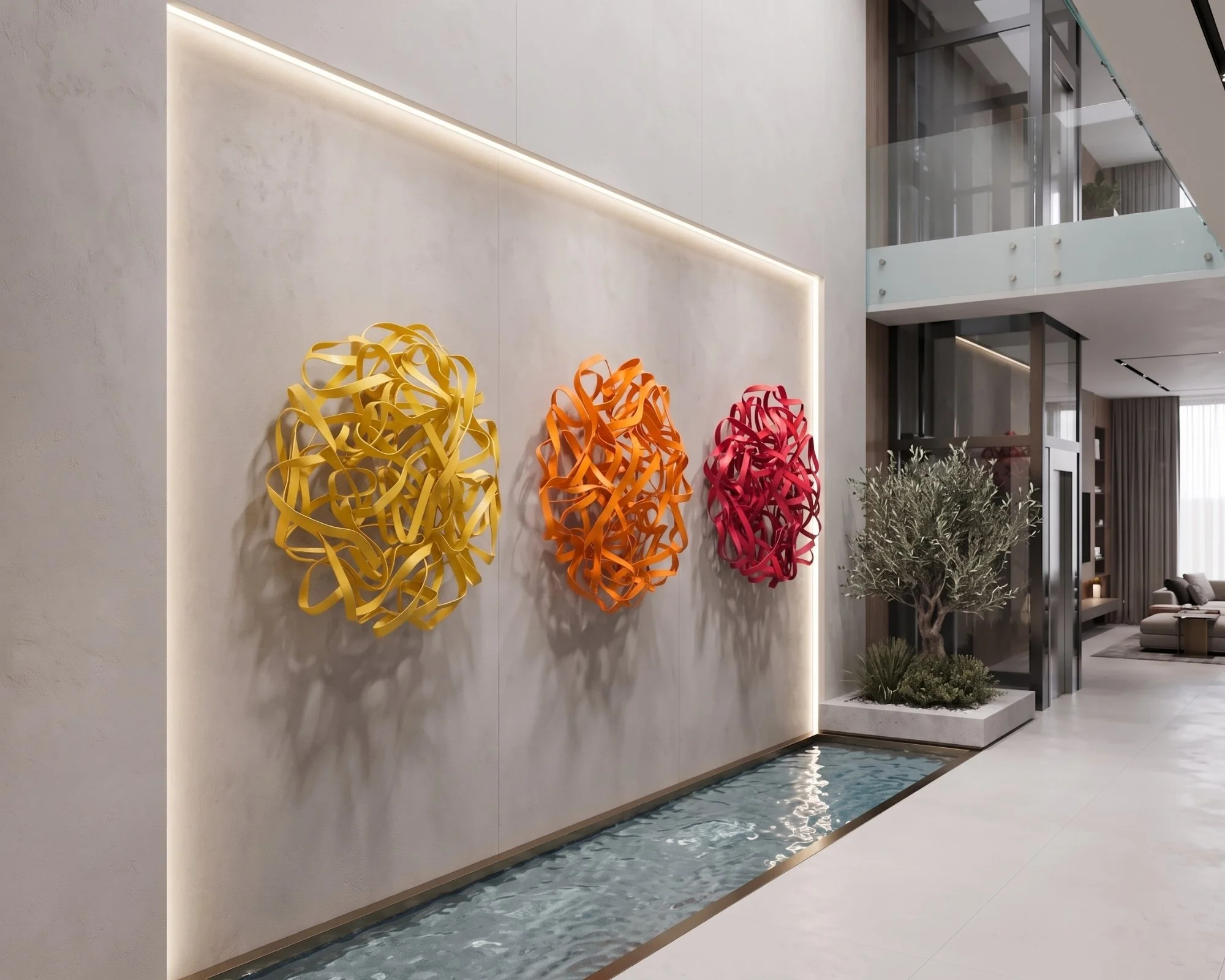 Horizontal Sunset Gradient Ribbon Triptych, a large 3D metal wall sculpture set by IOANNIS, displayed in a commercial lobby.
