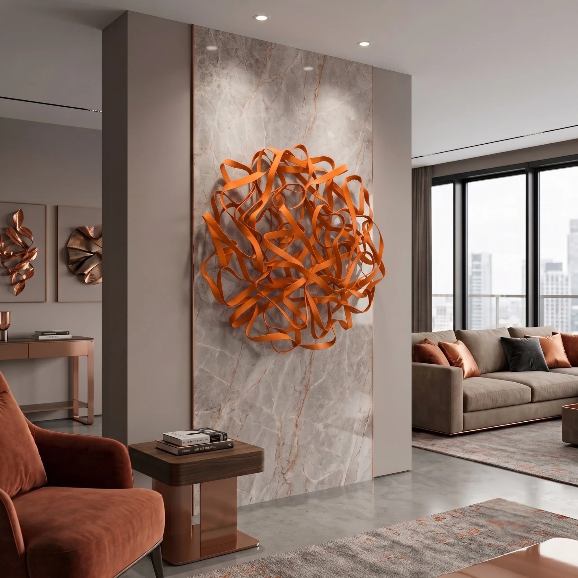orange-tangled-metal-sculpture-marble-wall-living-room.jpg