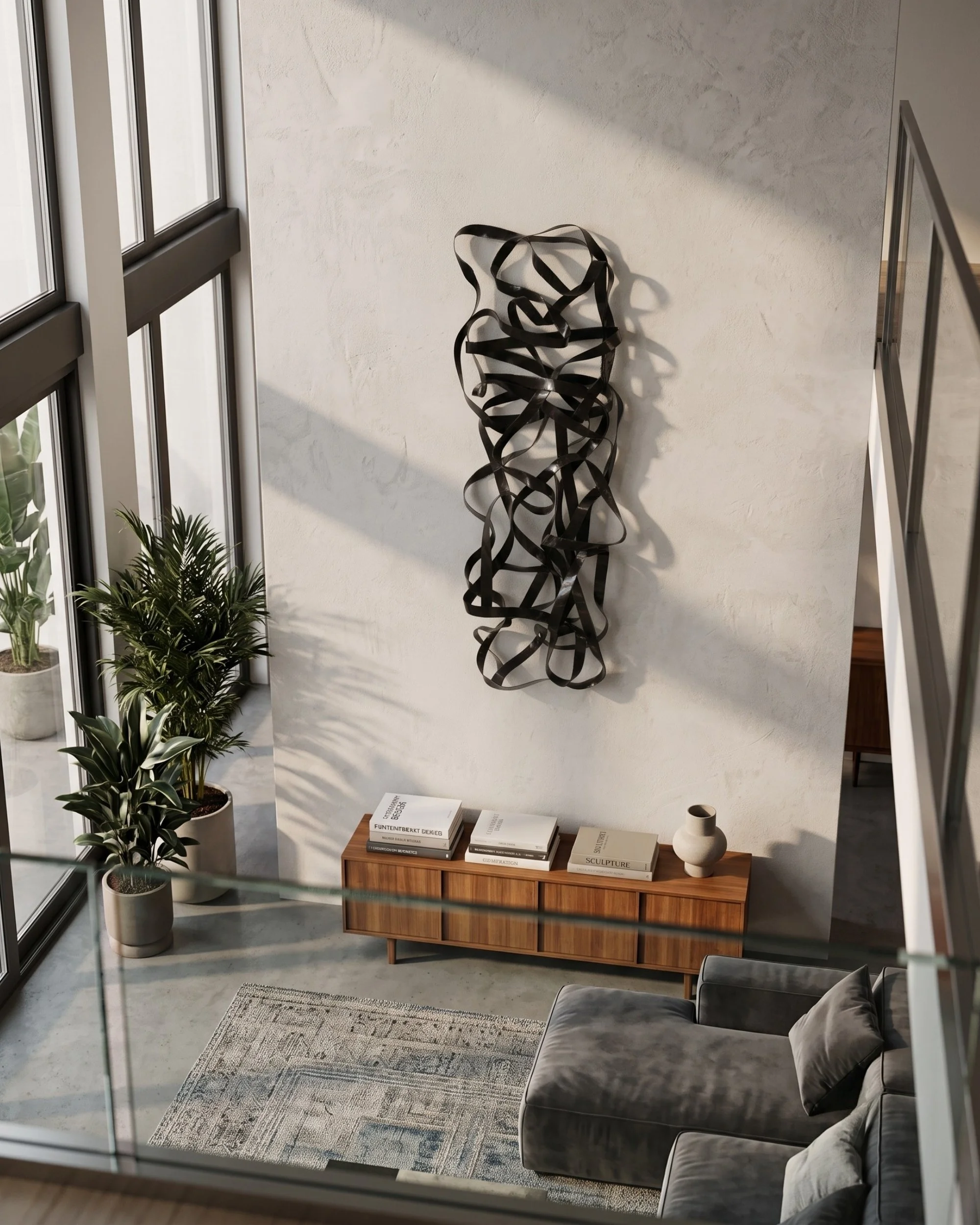 tall-black-abstract-sculpture-high-ceiling-living-room.jpg