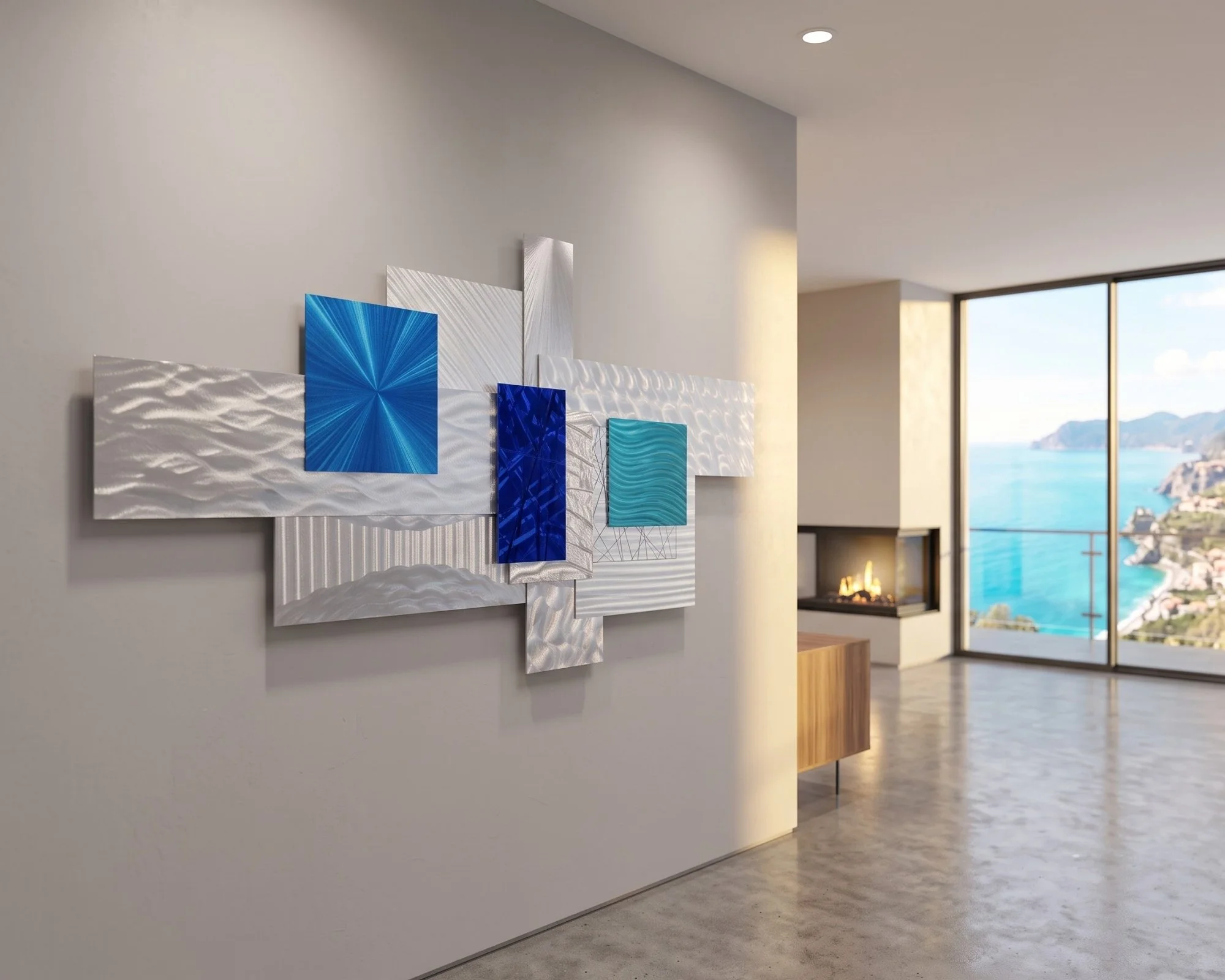 Coastal Blue and Silver Metal Wall Art, a 3D geometric aluminum sculpture by IOANNIS, displayed in a modern luxury interior.