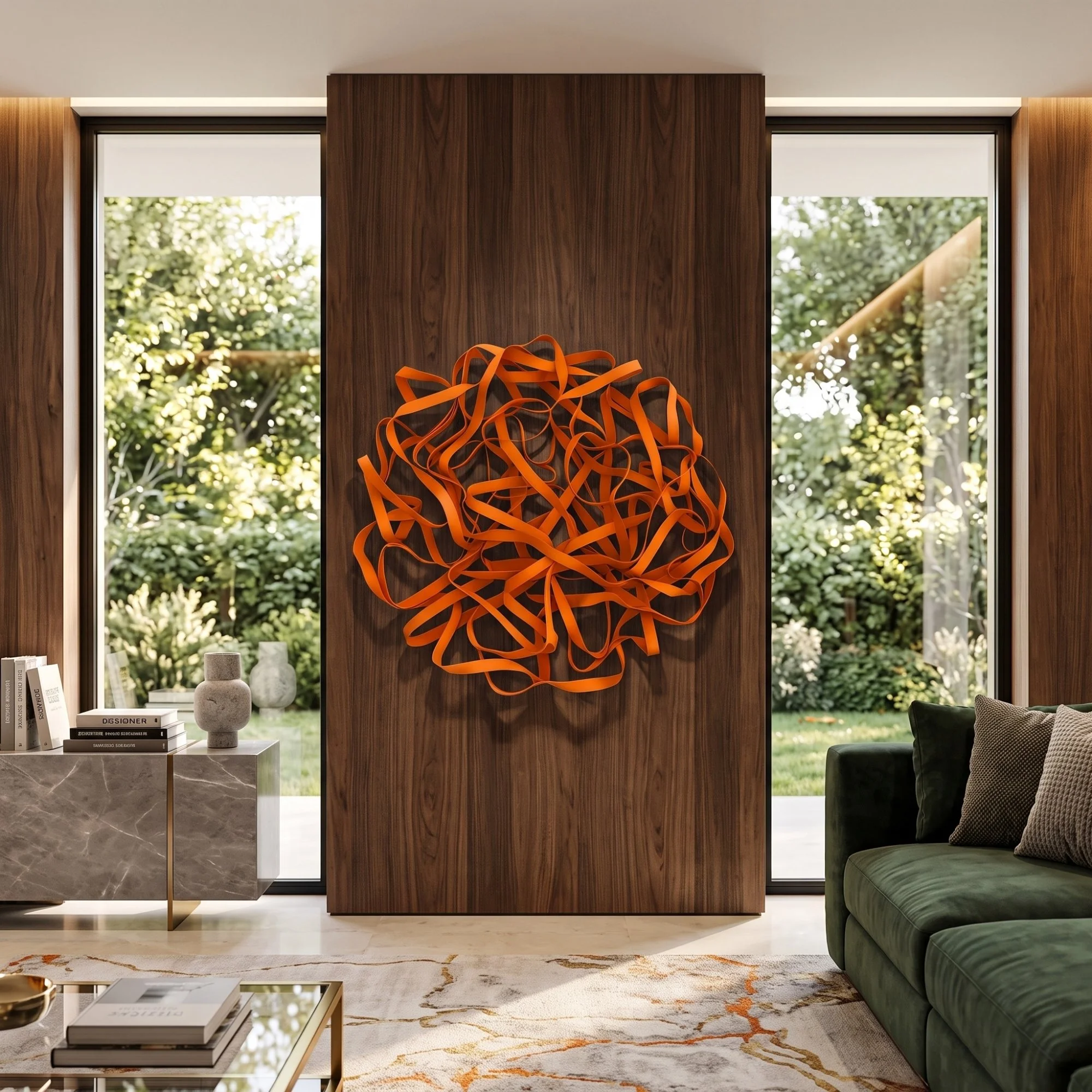 orange-knot-metal-sculpture-wood-paneled-wall.jpg