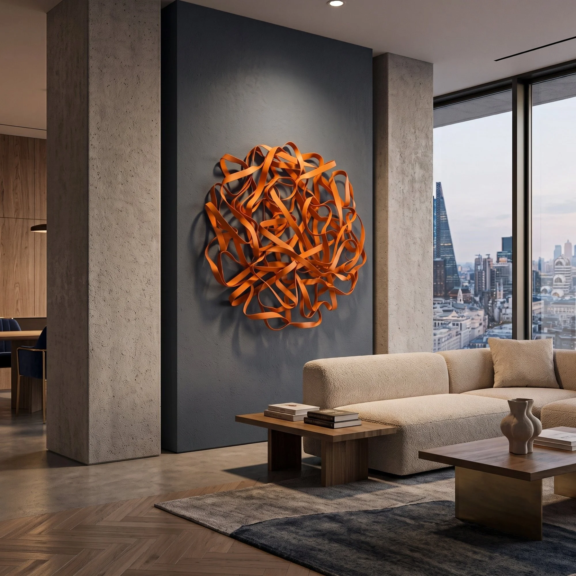 bold-orange-metal-centerpiece-dark-grey-accent-wall.jpg