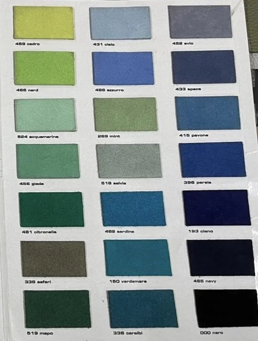 A color palette chart with 20 different shades of blue, green, gray, and black, each labeled with a number and name.
