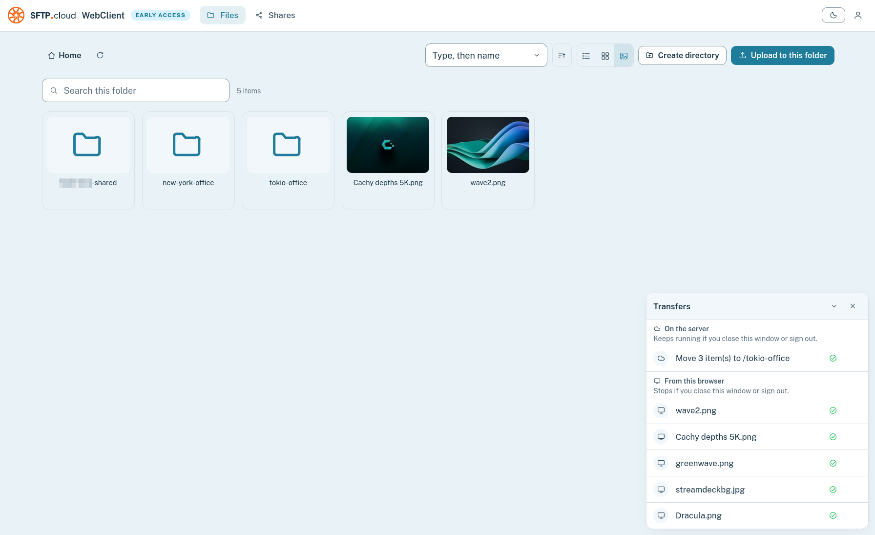 Screenshot SFTP.cloud WebClient browser-based file manager showing several items, including folders and two image files (with optional thumbnails).