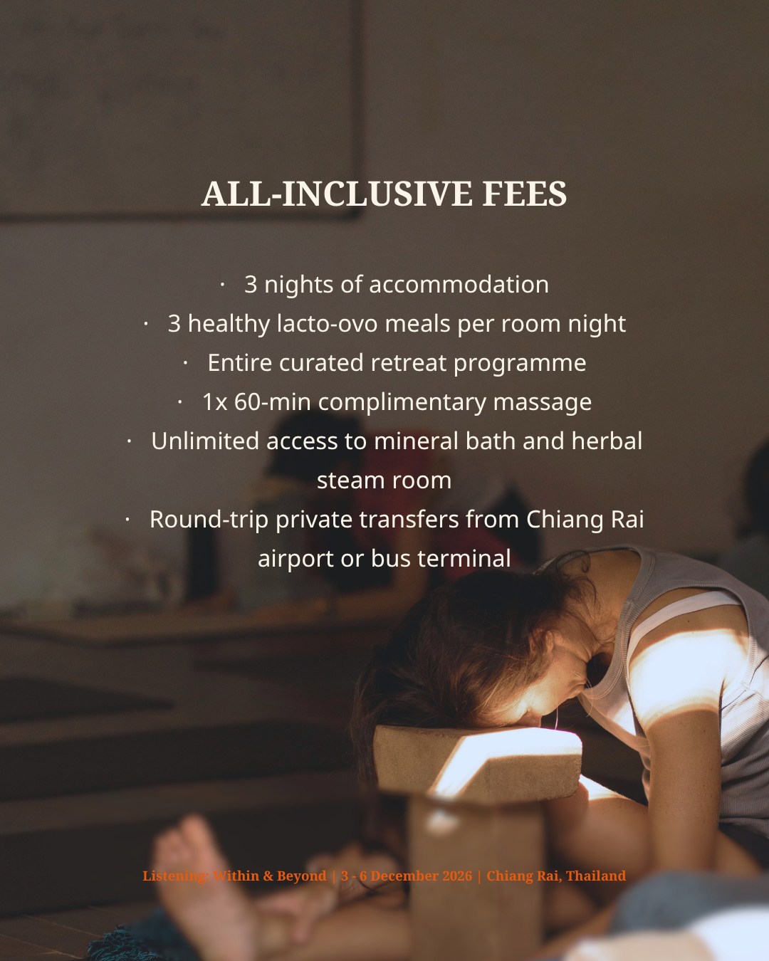 A person with long hair lying face down on a massage table with their face in a massage headrest, receiving a massage. Overlaid text details retreat package with all-inclusive fees, including accommodation, meals, massage, access to facilities, and transfers, in Chiang Rai, Thailand.