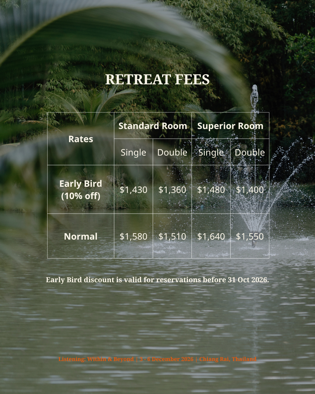 A retreat fee chart over a lush green jungle and water fountain background, listing rates for standard and superior rooms, with discounts for early bookings, valid until October 31, 2026.