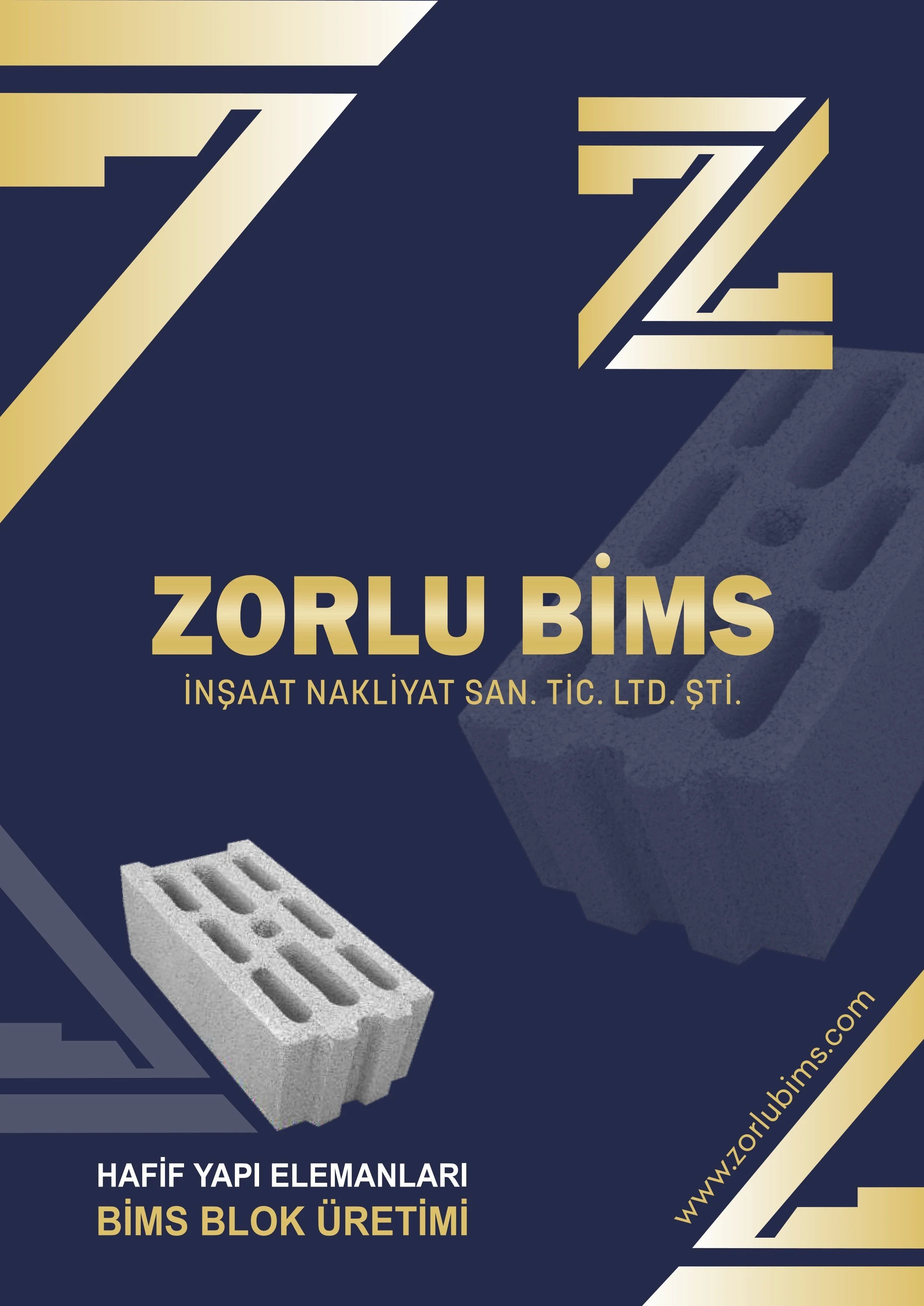 A promotional poster for a company named Zorlu Bims. It features images of light building elements made of lightweight foam concrete. The text is in Turkish and mentions the company's focus on producing lightweight building components and block manufacturing. The design incorporates navy blue, beige, and white colors.
