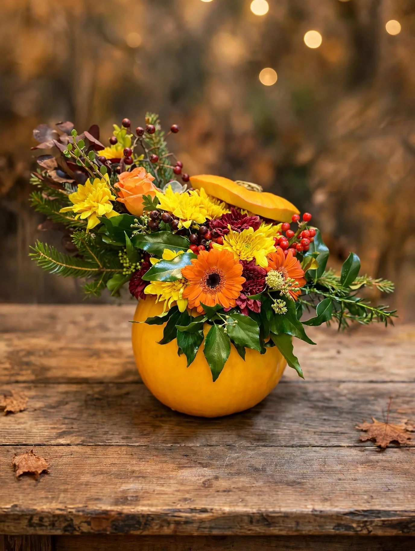 Autumn flower arrangement in a pumpkin vase with orange and yellow flowers, berries, greenery, and fall leaves on a rustic wooden table
