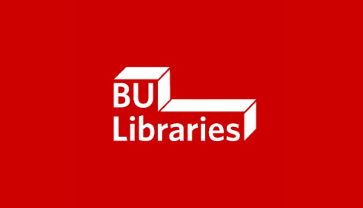 BU Libraries logo with red background and white cube design.