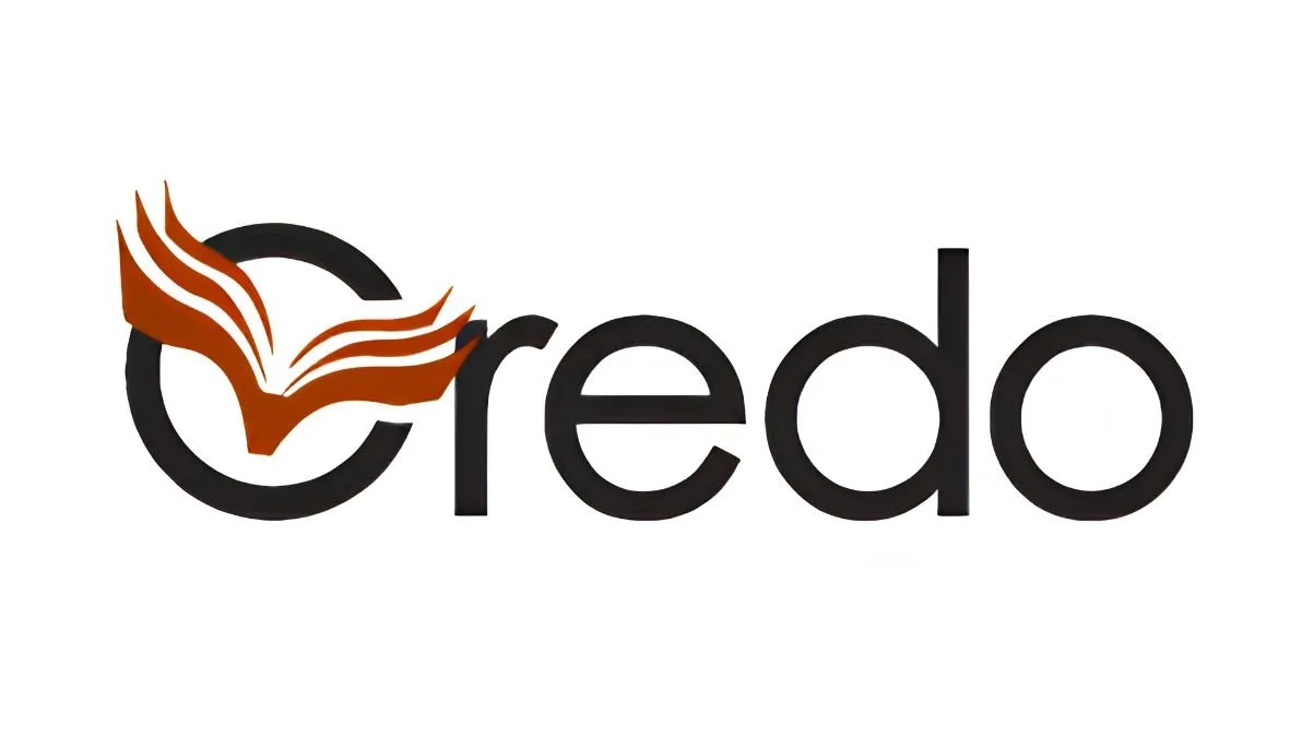 Logo with an open book icon integrated into the letter 'C' and the word 'credo' in black lowercase letters.
