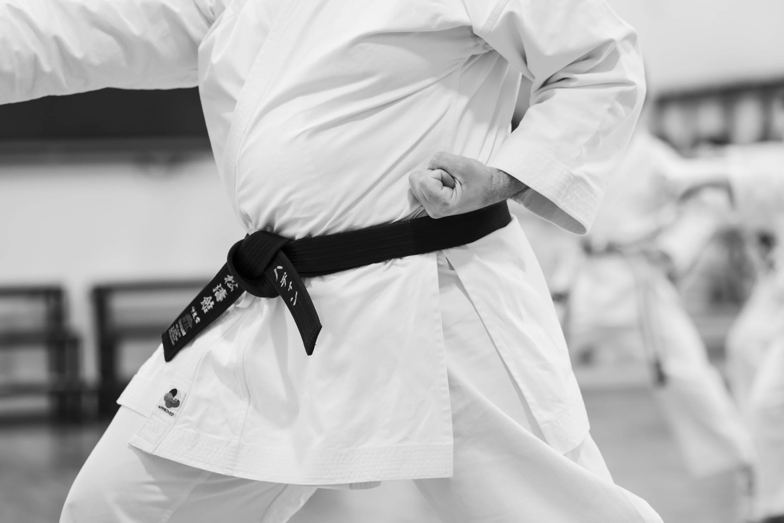 Close-up of a person in a white martial arts gi with a black belt, standing in a training dojo.