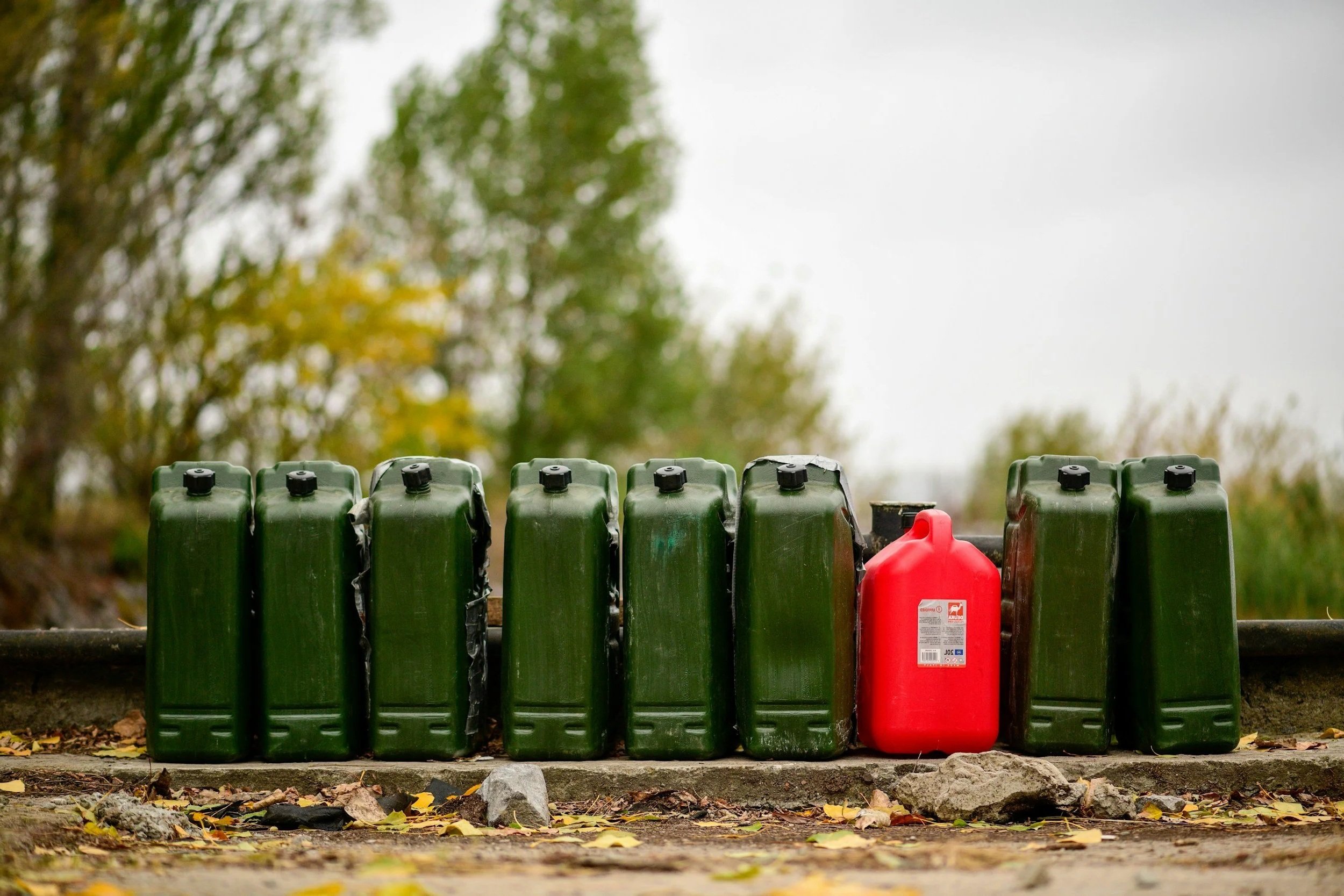 Several green and one red plastic fuel containers on a wooden surface outdoors, with a background of tree branches and leaves.