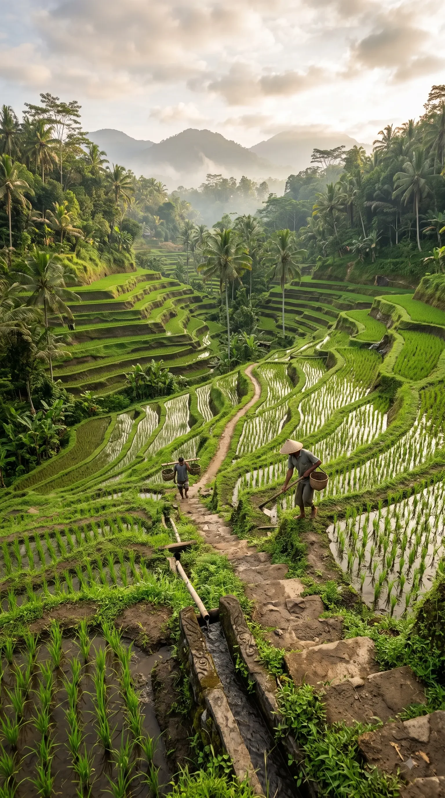 Terraced rice fields in a lush green valley with workers harvesting, surrounded by tropical trees and mountains in the background at sunrise or sunset.