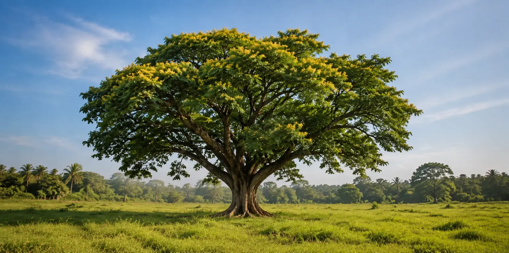 A large lush green tree with a thick trunk standing in a grassy field under a blue sky with a few clouds, surrounded by other smaller trees in the background.