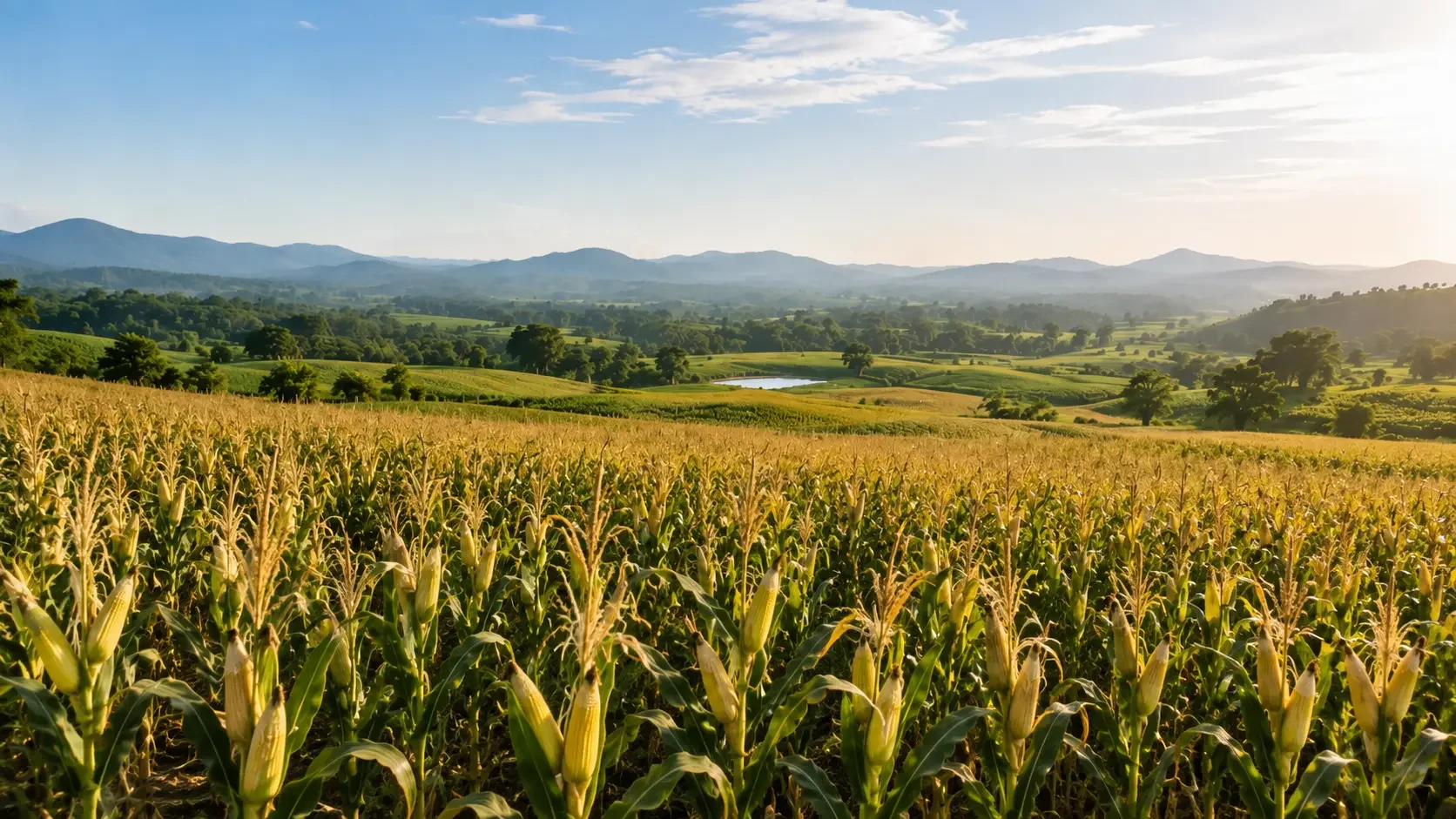 A vast cornfield with green hills and mountains in the background under a partly cloudy sky during daylight.