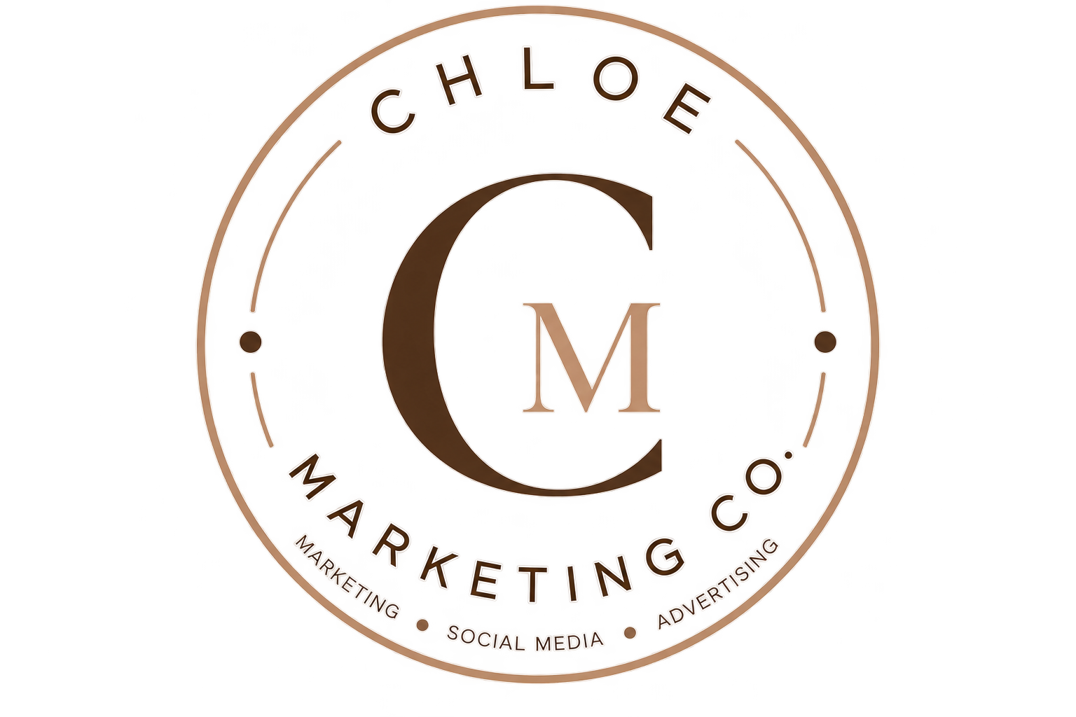 Circular logo with gold and brown tones, featuring a large letter 'C' and 'M' in the center. The outer ring displays the words 'Chloe Marketing Co.' and 'Marketing', 'Social Media', 'Advertising' around the perimeter.