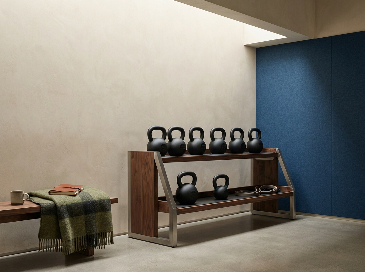 Interior space with a bench holding a mug, book, and blanket. A wooden and metal rack displays six black kettlebells on top and one on the lower shelf, with resistance bands. The room has beige and blue walls and a light gray floor.