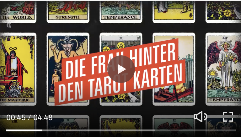 A collection of tarot cards, including The Magician, The Devil, a card with The Star, and others, with a red banner overlay that reads "DIE FALL HINTER DEN TAROT KARTEN."