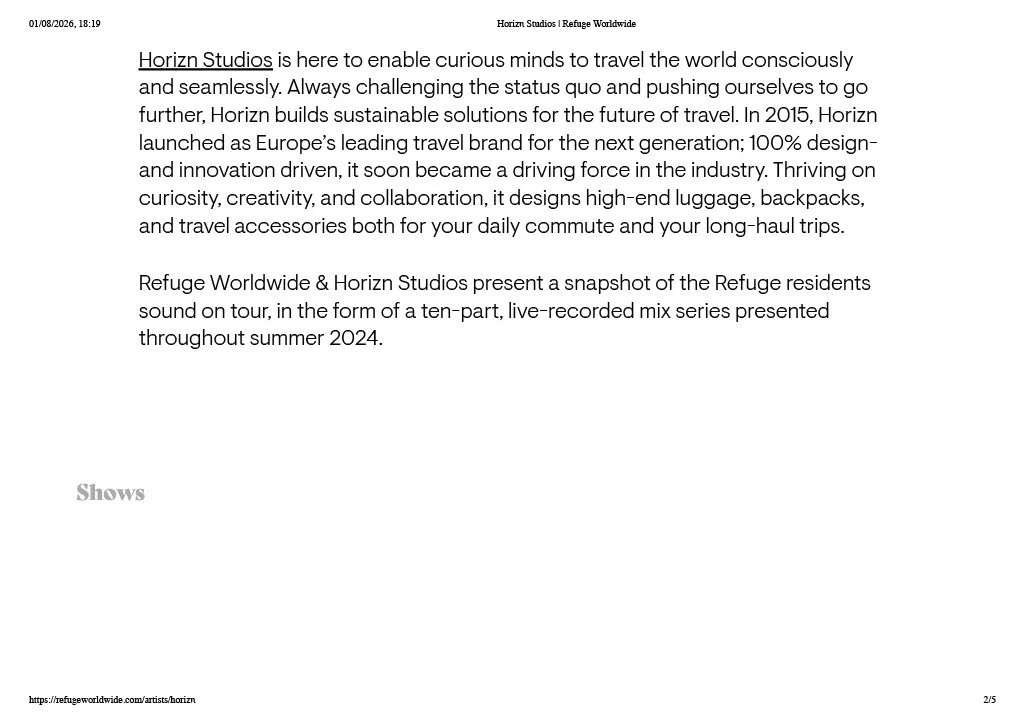 Text explaining Horizn Studios and Refuge Worldwide presenting a snapshot of Refuge residents' sound tour, part of a ten-part live mix series in summer 2024.