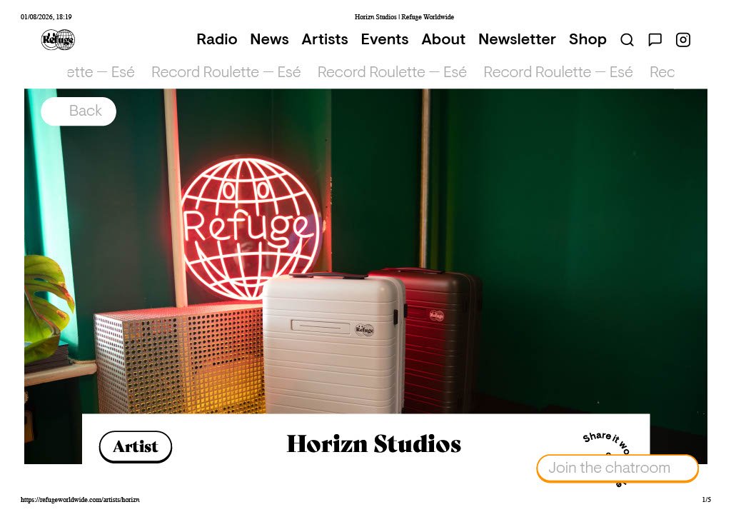 Interior of Refuge Worldwide music studio with neon sign reading 'Refuge' and three suitcases against green walls.