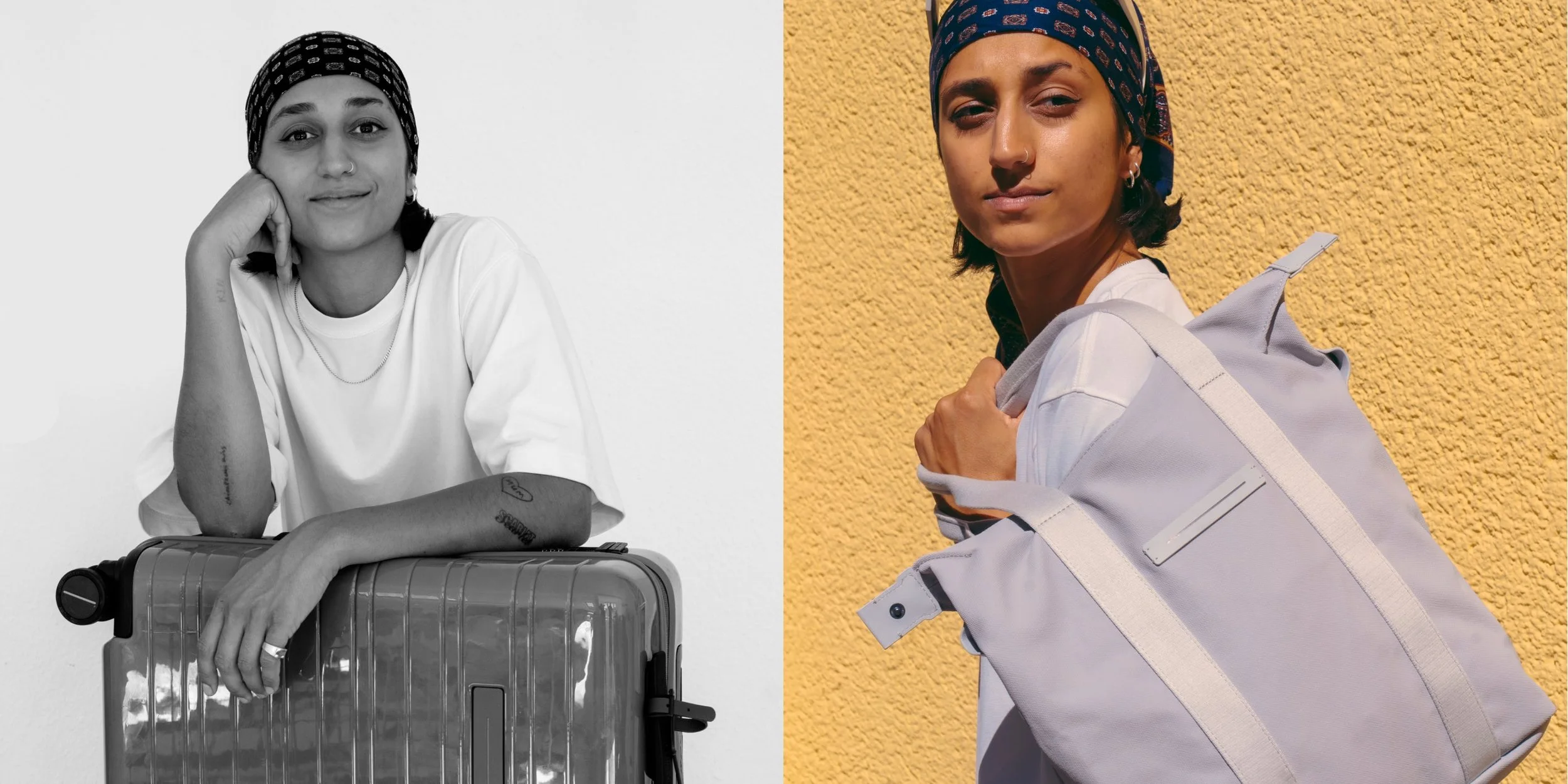 A woman with dark hair and light brown skin, wearing a colorful bandana and white outfit, standing against a yellow textured wall, holding a light-colored backpack. The image is split into two sections: the left side is black and white showing her resting her chin on her hand and leaning on a textured suitcase, while the right side is in color, capturing her looking at the camera with a confident expression.